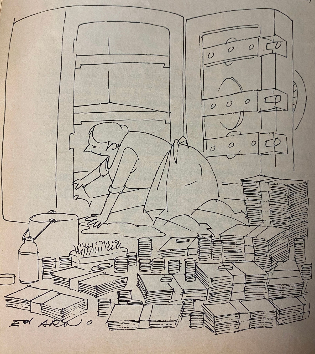 Illustration from The New Yorker Full Magazine March 31, 1975 by Robert Tallon, depicting a character surrounded by stacks of money in a refrigerator, showcasing the artistic style typical of the magazine's vintage illustrations.
