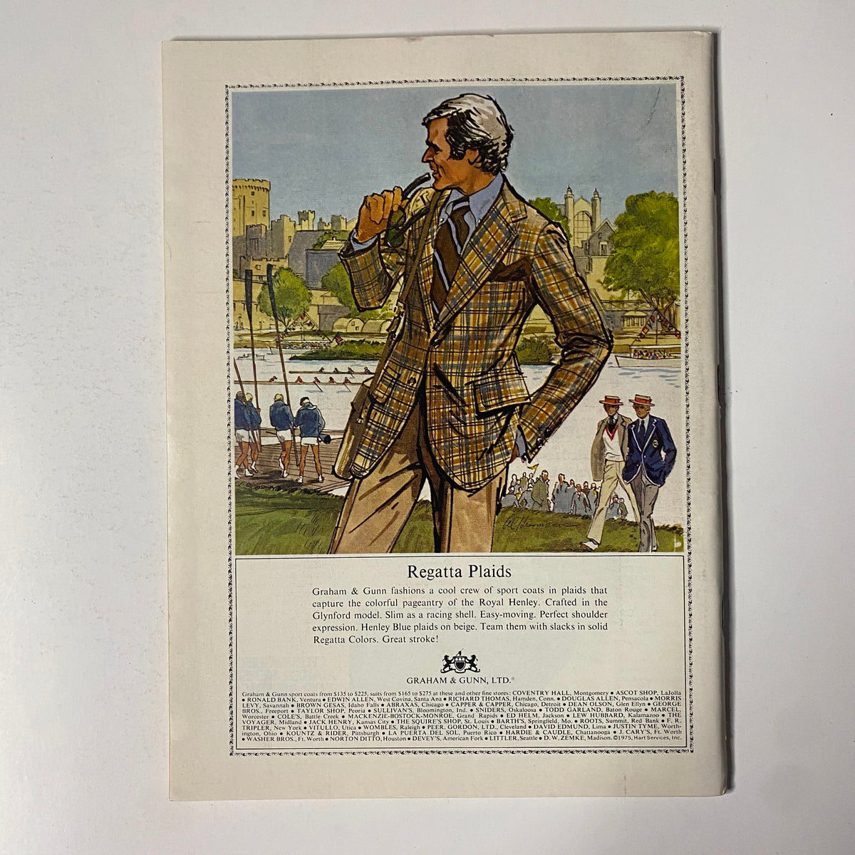 Classic advertisement from The New Yorker Full Magazine March 31, 1975, featuring a stylish man in a plaid blazer with a scenic background, reflecting the fashion trends of the era.