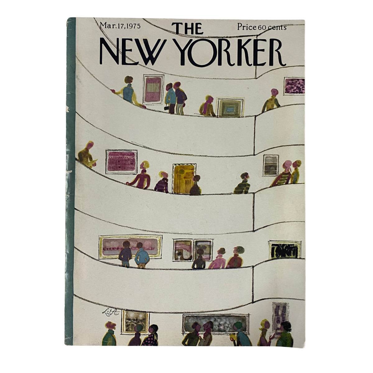 Cover of The New Yorker magazine from March 17, 1975 featuring artwork by Laura Jean Allen, depicting colorful figures in an artistic setting, a significant piece of vintage literary history.