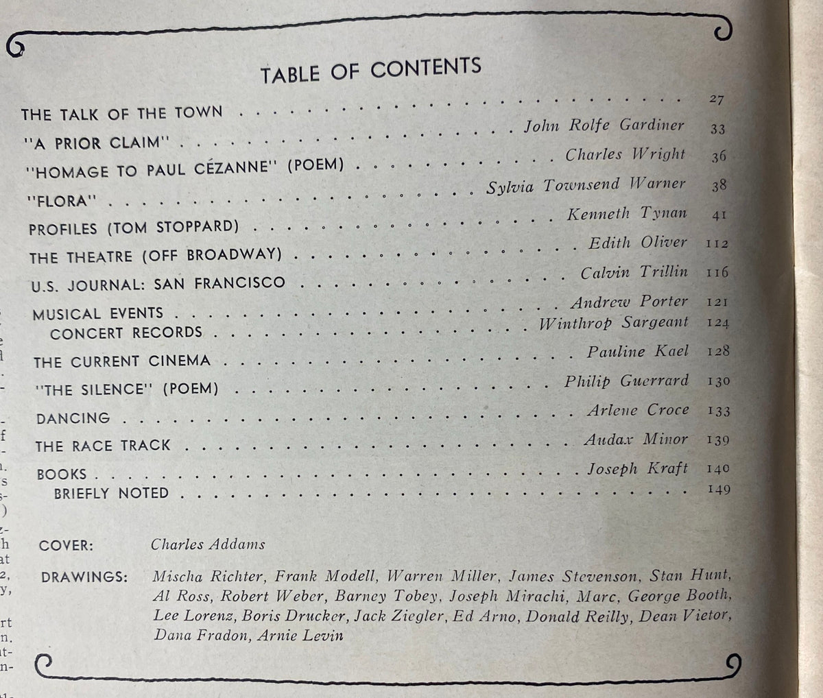 Table of Contents from The New Yorker Full Magazine December 19, 1977 featuring contributions and illustrations by Charles Addams.
