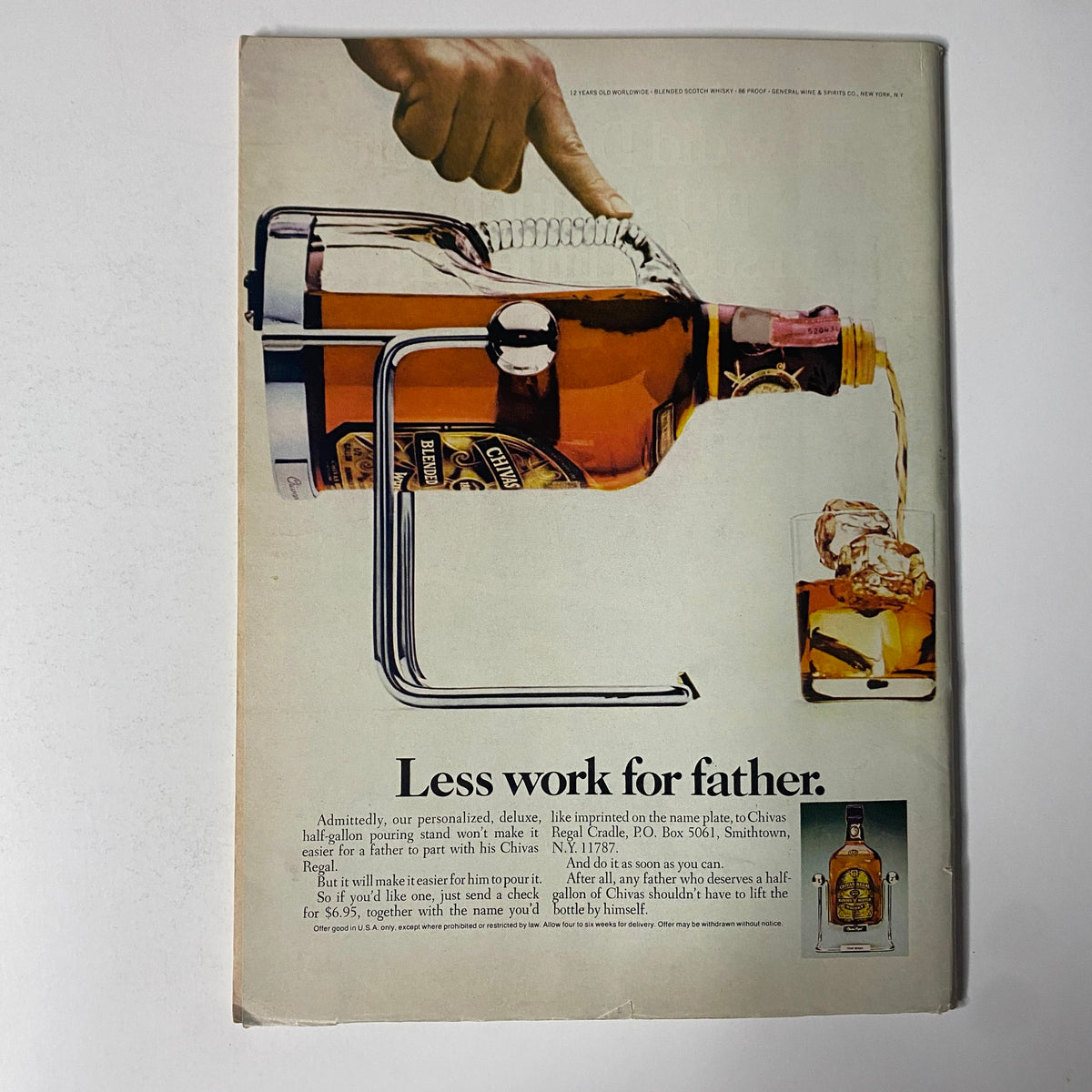 Advertisement found in The New Yorker magazine, June 14, 1976, promoting a Chivas Regal product with an image of a hand pouring whiskey.