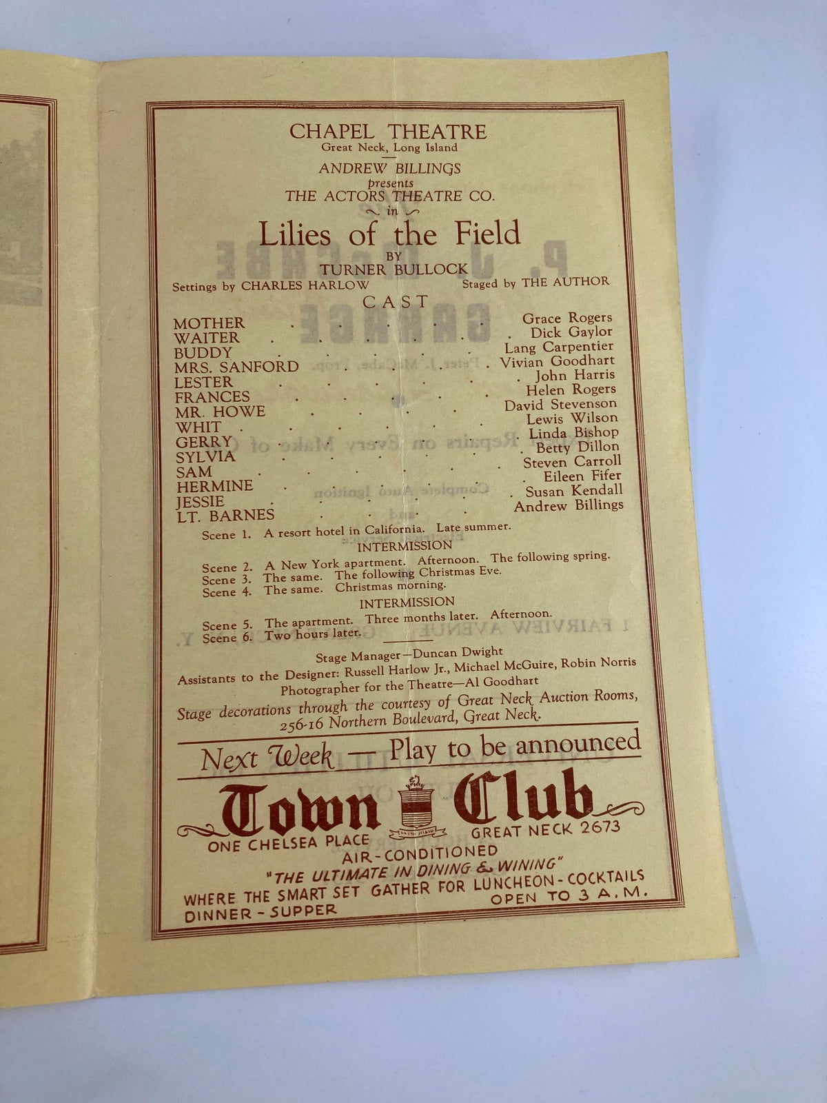 Inside view of the 1941 Actors Theatre Co. Chapel Theatre Playbill for 'Lilies of the Field' showcasing the cast list and production details.