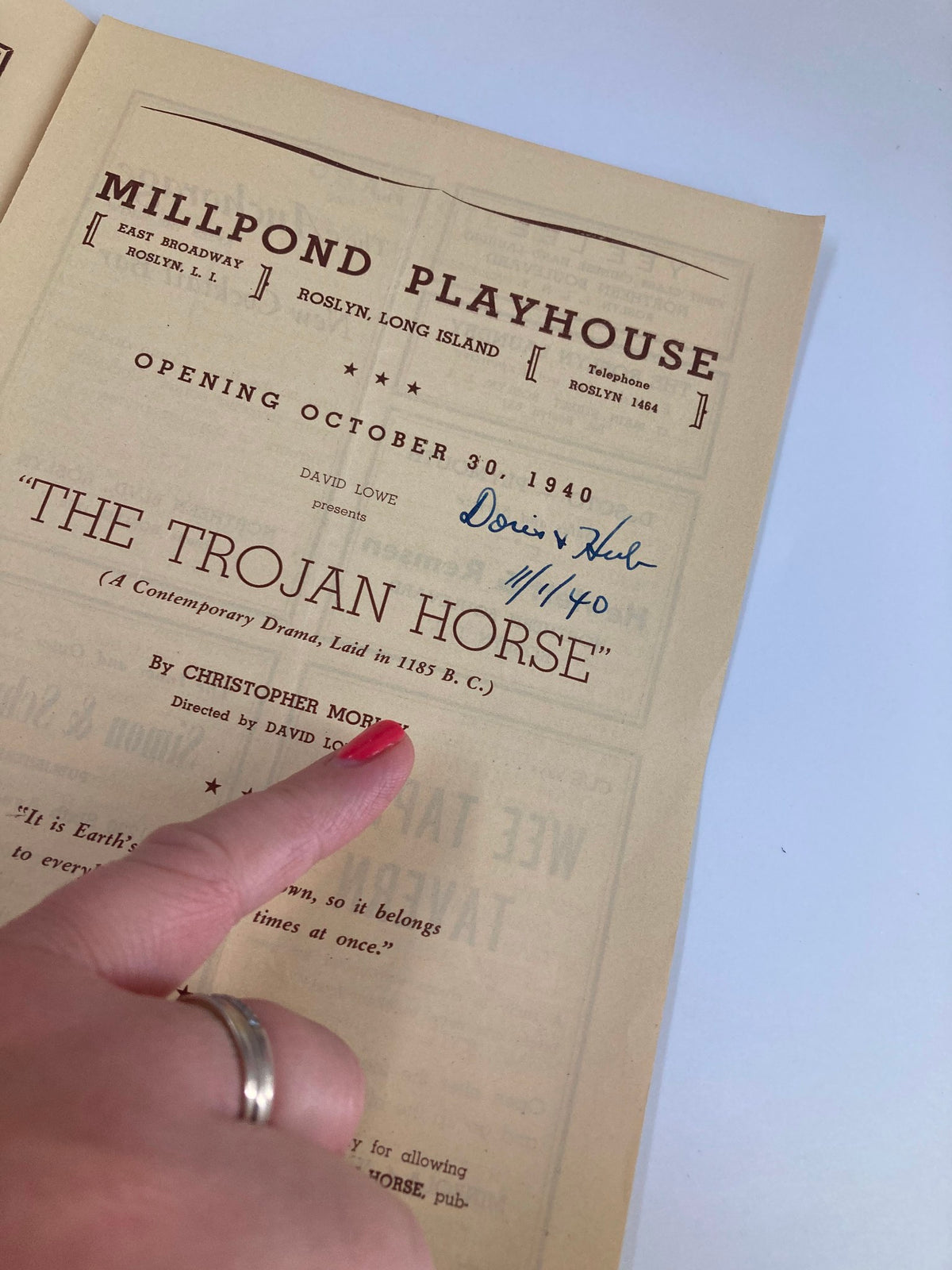 Inside title page of the 1940 Millpond Playhouse production of Christopher Morley's The Trojan Horse, showcasing opening details and a handwritten signature.