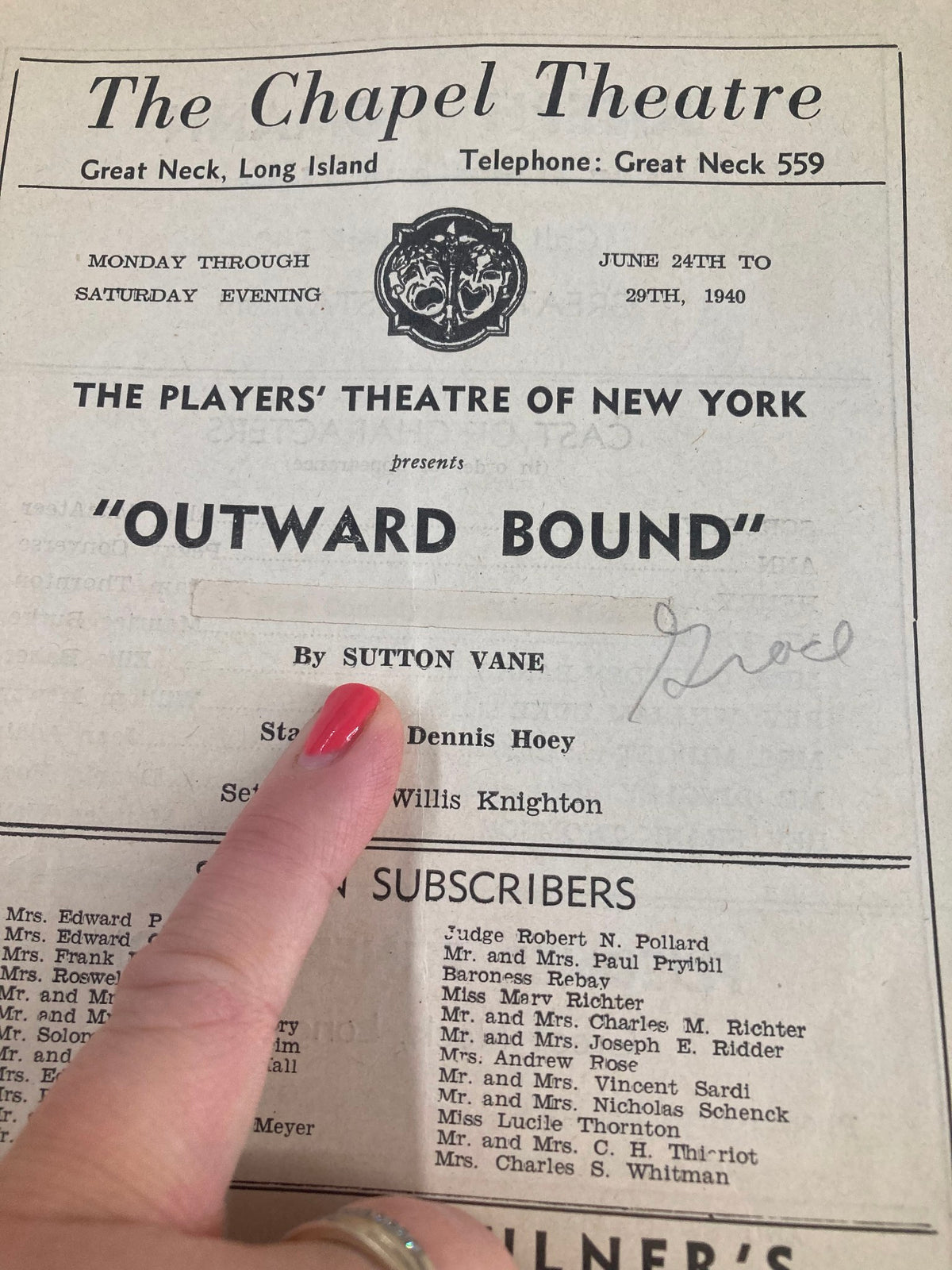 1940 Players Theatre of New York Outward Bound Playbill showing the production details, including title, playwright Sutton Vane, and staging information by Dennis Hoey.