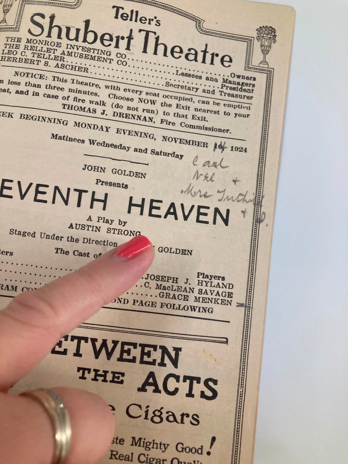 Close-up of the interior of the 1924 Teller's Shubert Theatre playbill for Seventh Heaven by Austin Strong, showing handwritten notes by a past owner.