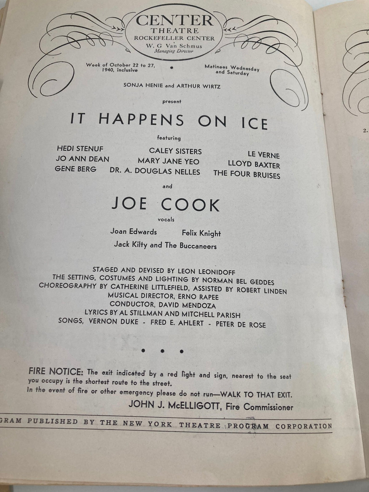 Inside page of the 1940 Center Theatre Playbill for 'It Happens On Ice', listing featured performers and production details.