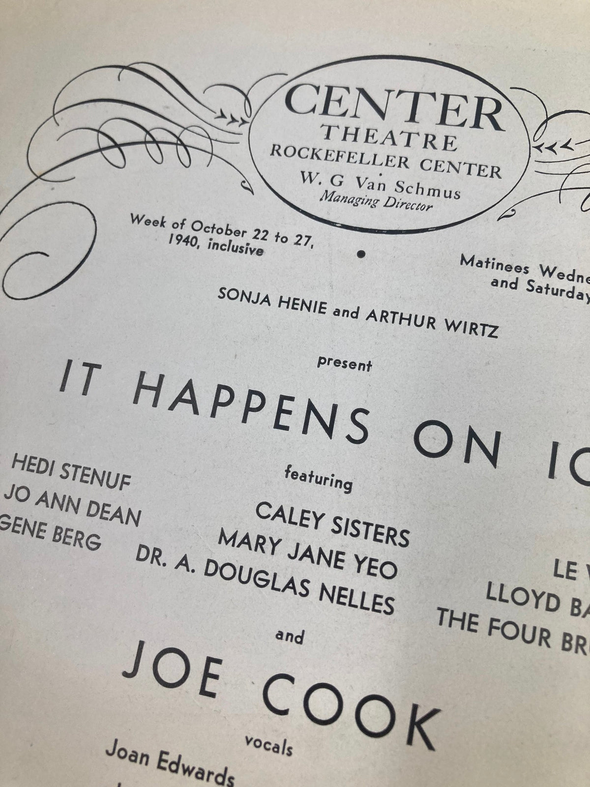 Close-up of the 1940 Center Theatre Playbill for 'It Happens On Ice', highlighting the names of cast members and creative team.
