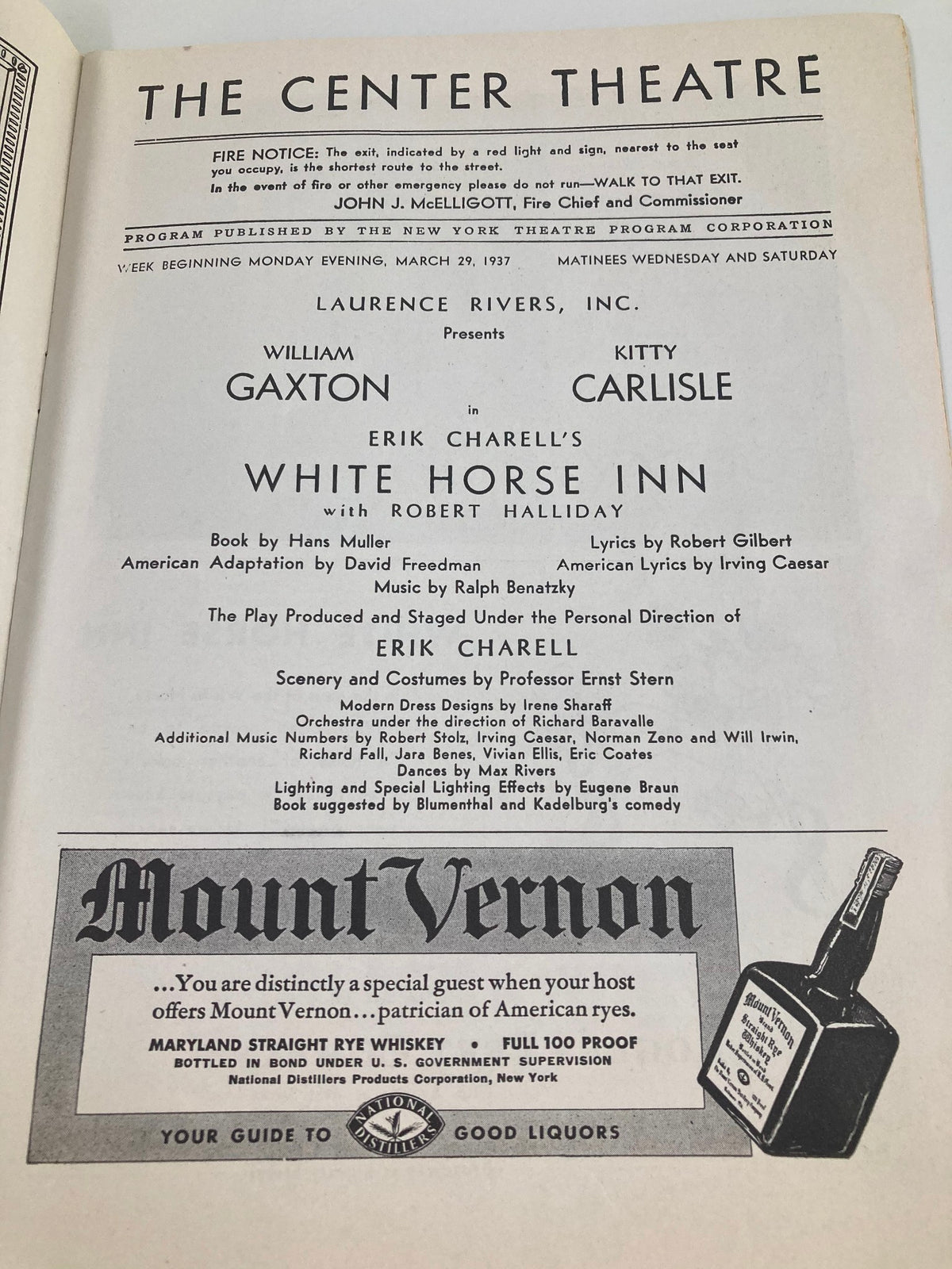 1937 The Center Theatre Playbill featuring William Gaxton in White Horse Inn, showing the program details and featured cast.