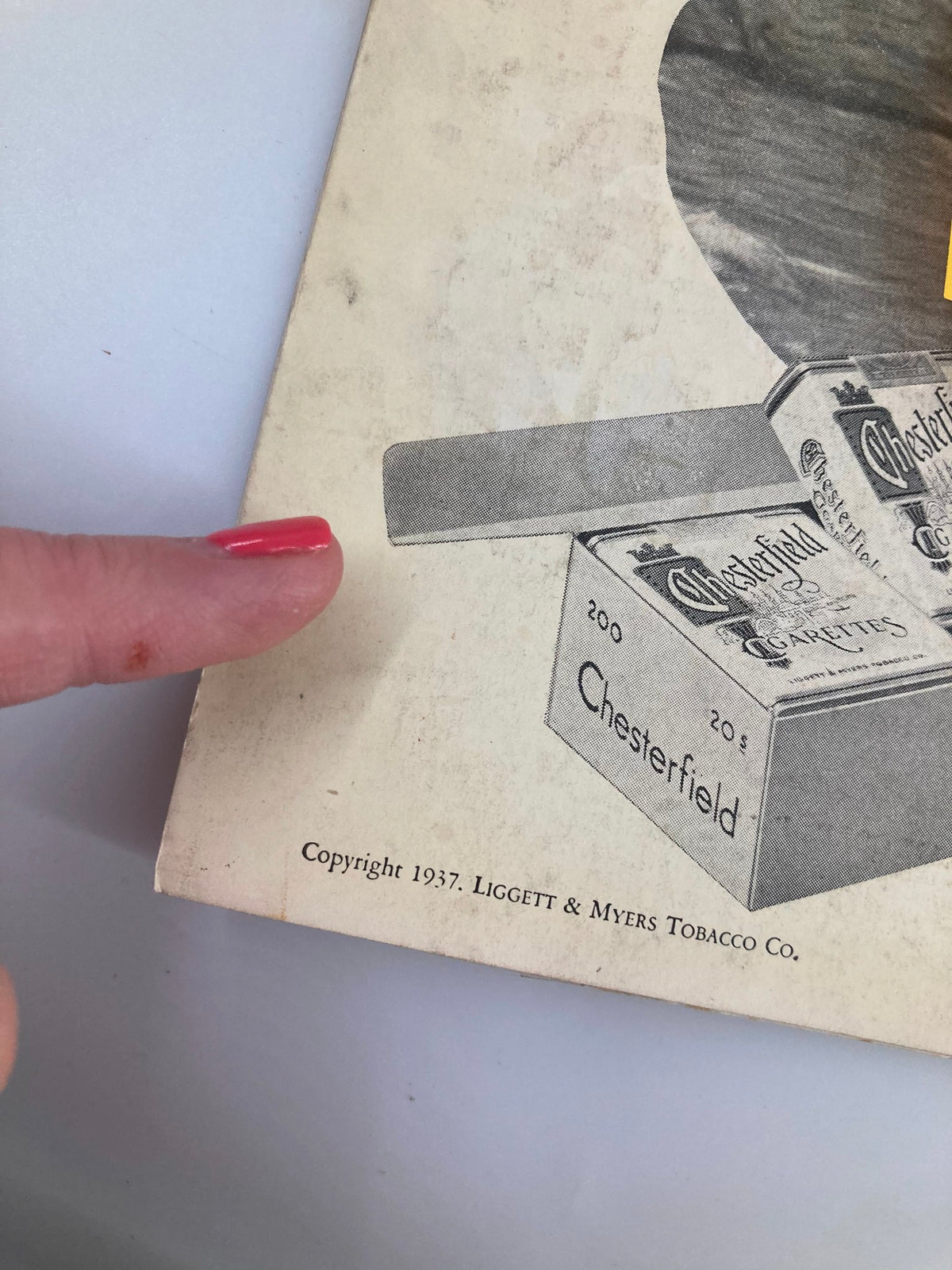 Side detail of the back cover of the 1937 Center Theatre Playbill with an advertisement for Chesterfield cigarettes, showing vintage design.