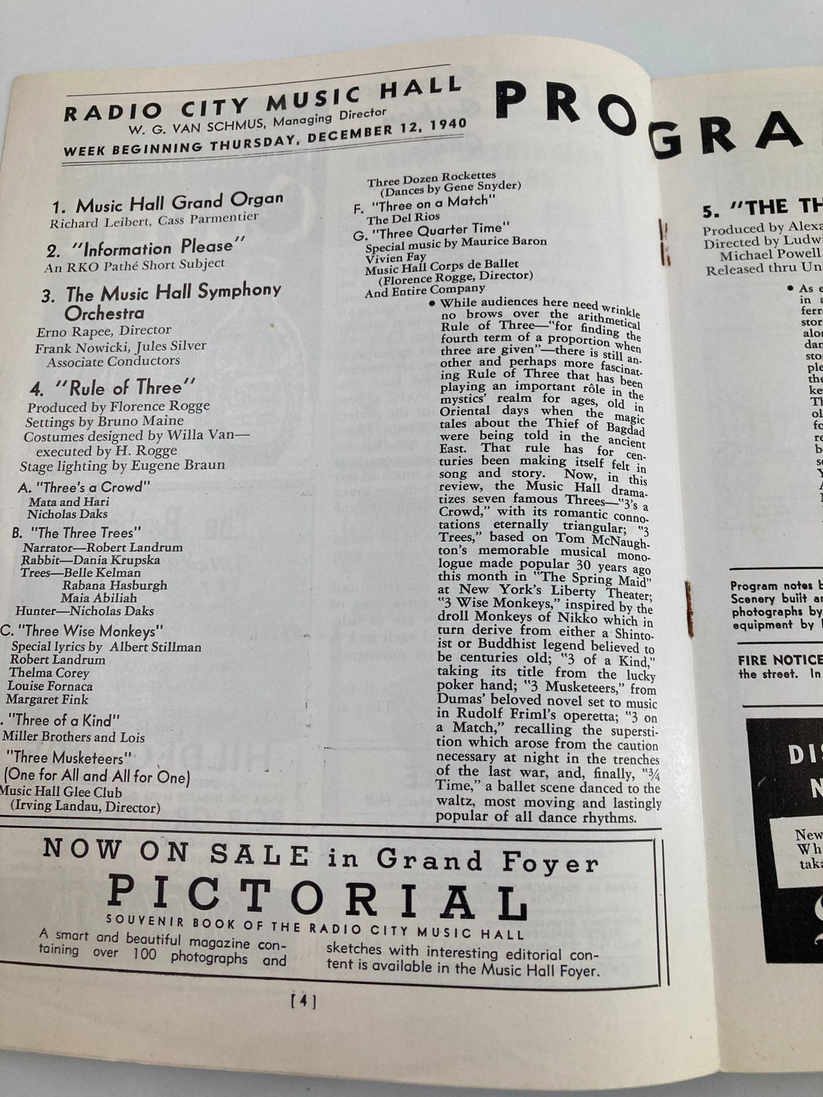 Inner program of the 1940 playbill for 'The Thief of Bagdad' at Radio City Music Hall, listing performances and cast members.