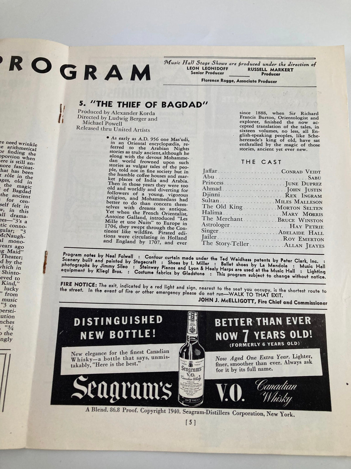 Details from the program page of the 1940 playbill for 'The Thief of Bagdad', featuring production notes and cast information.