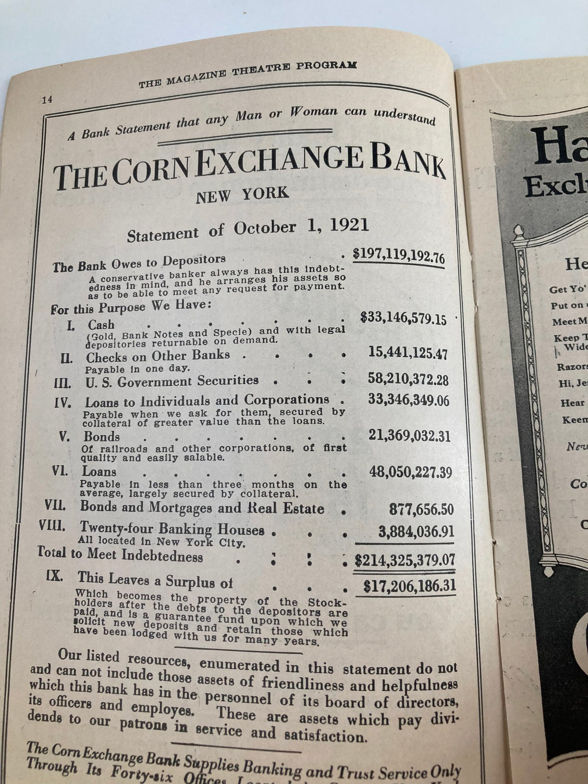 Inside page of the 1921 Teller's Shubert Theatre Playbill displaying a statement from The Corn Exchange Bank dated October 1, 1921.