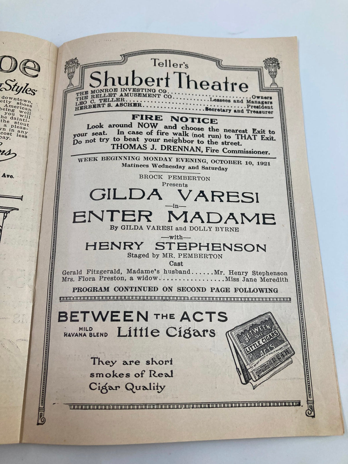 Inside page of the 1921 Teller's Shubert Theatre Playbill featuring Gilda Varesi in Enter Madame by Dolly Byrne, with details about the production and cast.