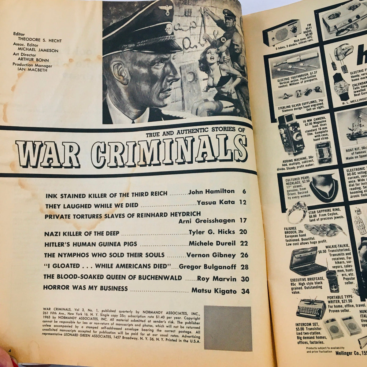 Inside view of War Criminals Magazine August 1963 featuring the contents page with title and articles related to notorious figures including Joseph Goebbels.