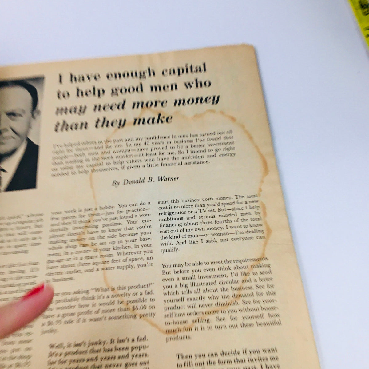 Back cover of War Criminals Magazine August 1963 showcasing an advertisement by Donald B. Warner discussing business opportunities and financial assistance.