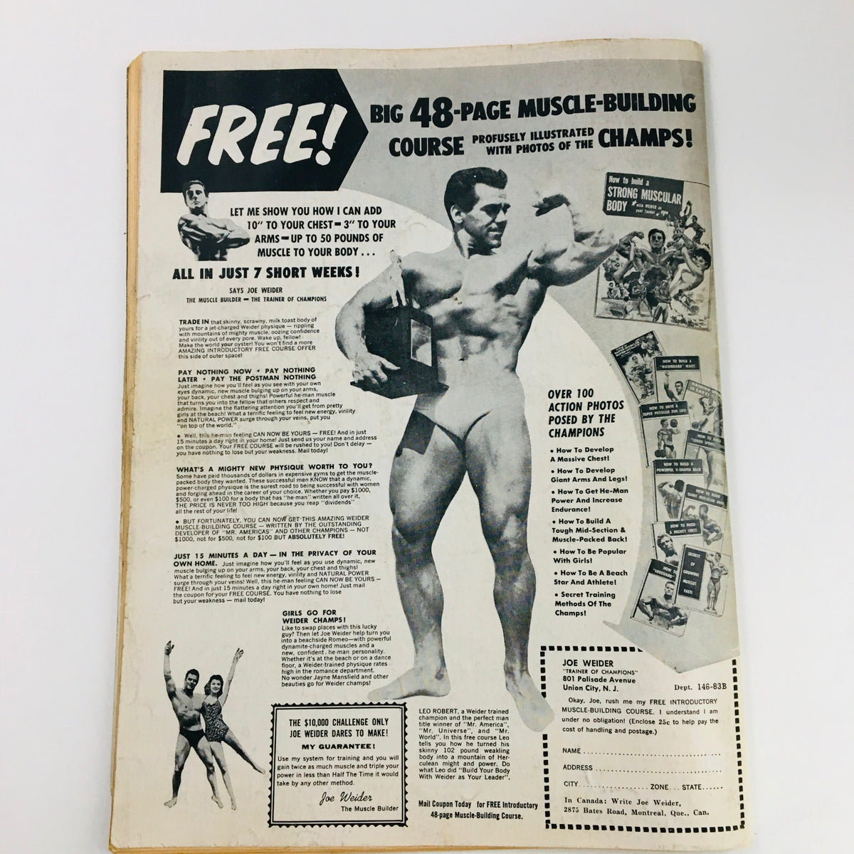 Advertisement from War Criminals Magazine August 1963 promoting Joe Weider's free muscle-building course with enticing visuals of bodybuilders.