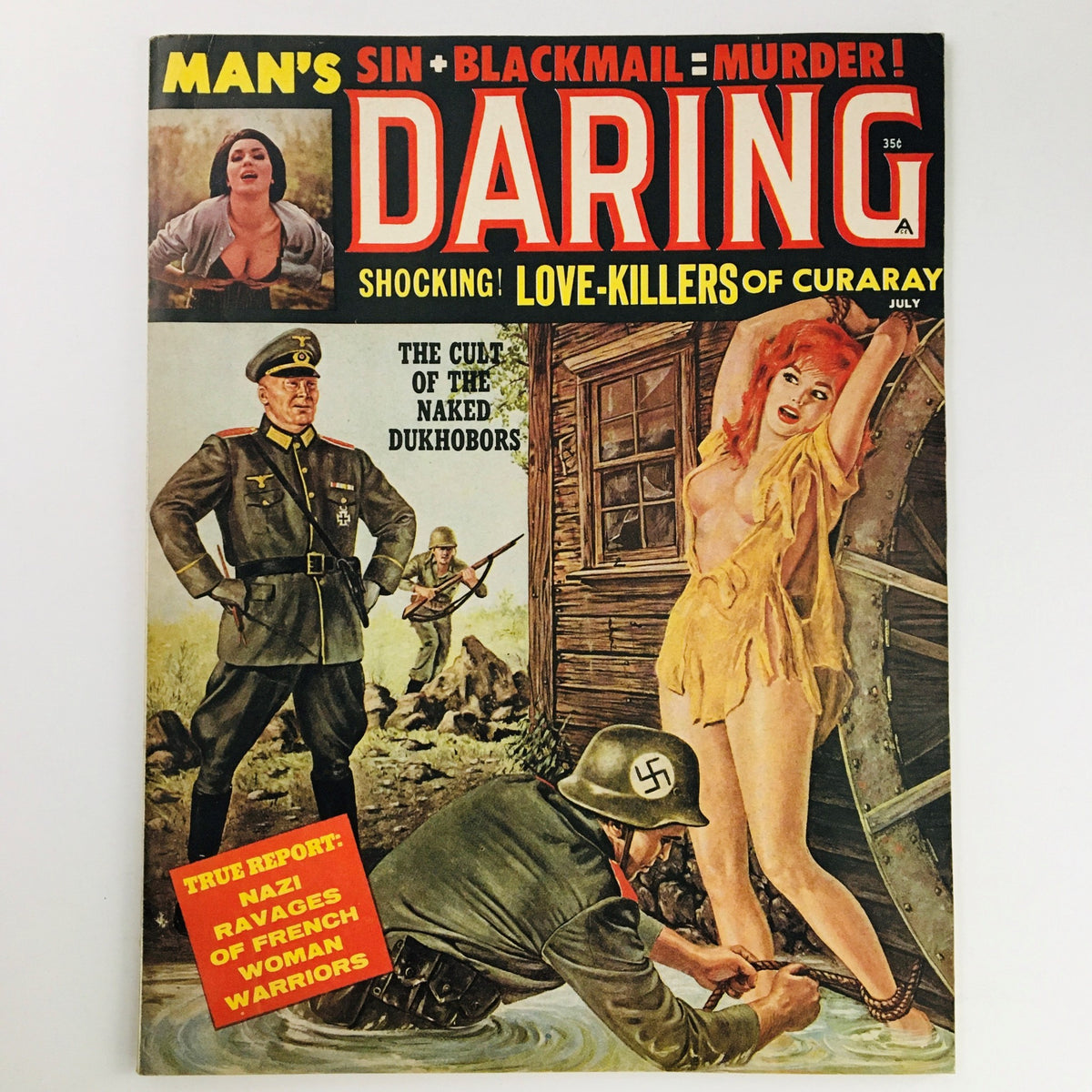 Cover of Man's Daring Magazine July 1961 featuring the article 'The Cult of The Naked Dukhobors' with bold titles and striking imagery.