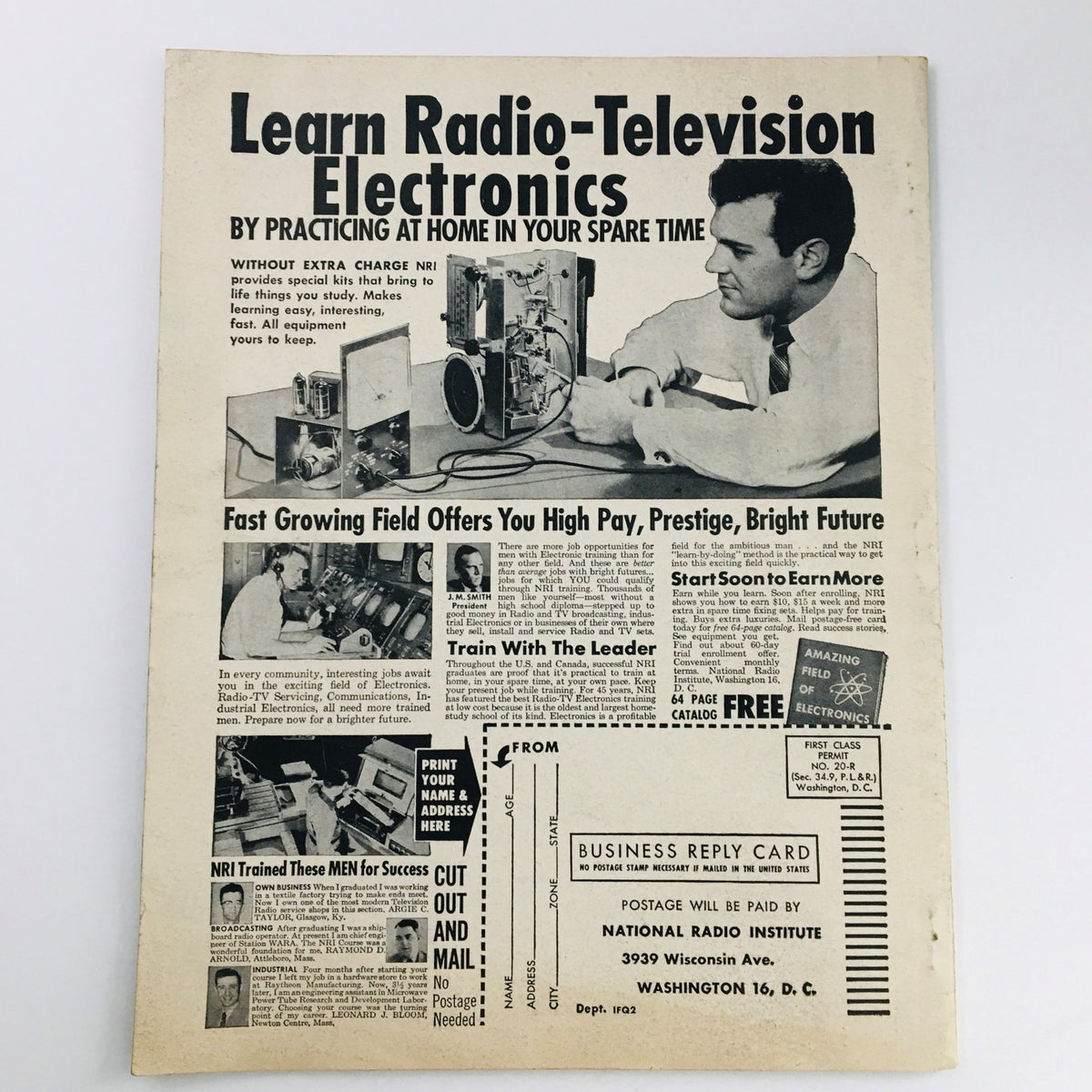 Advertisment page from Man's Daring Magazine July 1961 promoting electronics learning programs, showcasing vintage design and informative content.