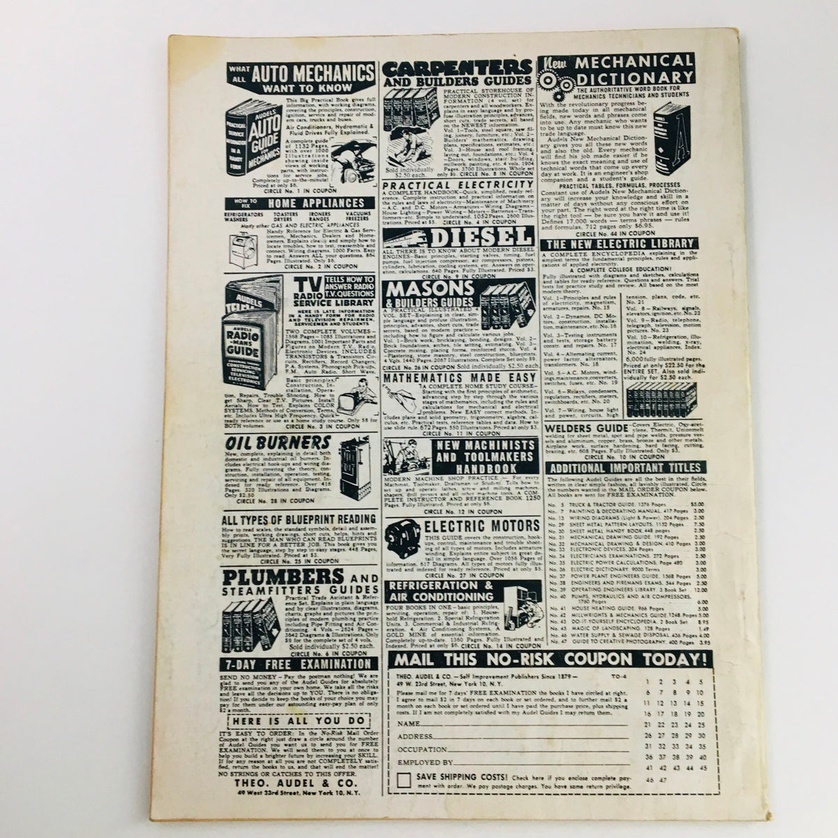 Back cover of Men Today Magazine April 1961 displaying advertisements related to auto mechanics, carpentry, and various educational guides.