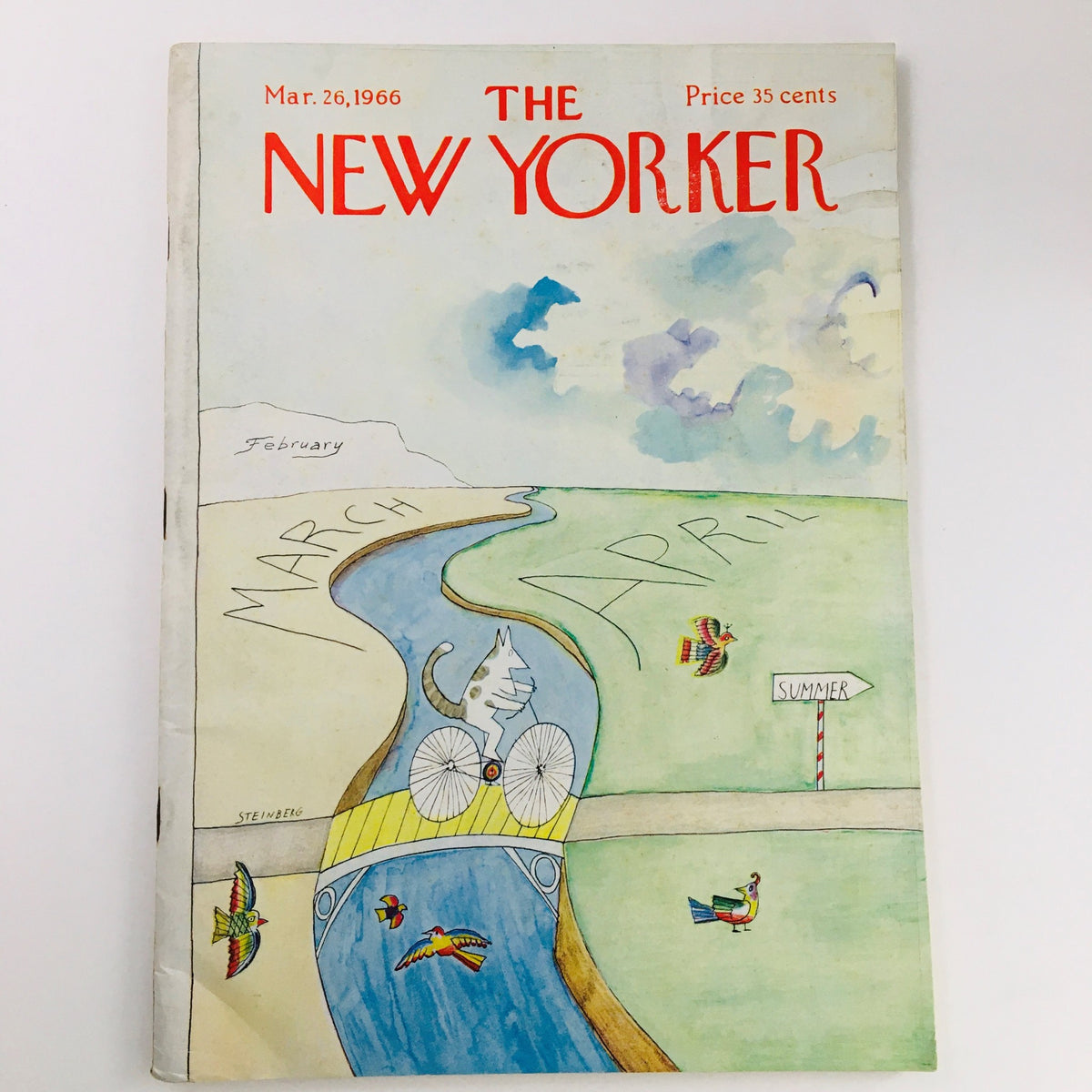 Cover of The New Yorker from March 26, 1966, featuring a whimsical illustration by Saul Steinberg depicting seasonal changes with artistic details.