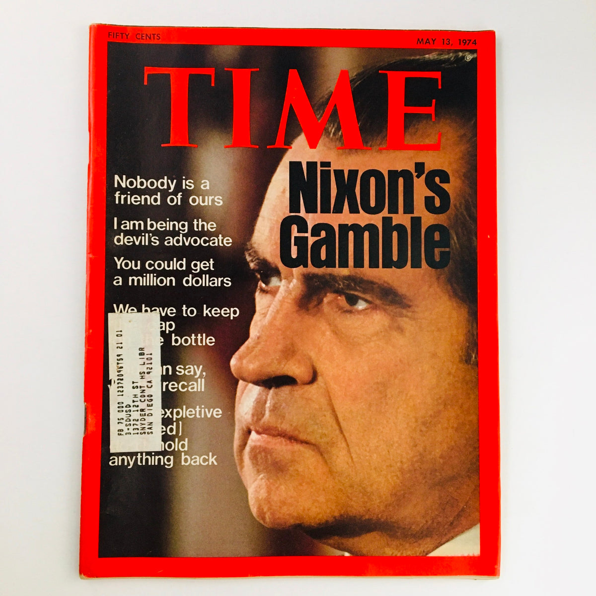 Time Magazine May 13 1974 cover featuring President Richard Nixon with the headline 'Nixon's Gamble', reflecting the political climate during the Watergate scandal.