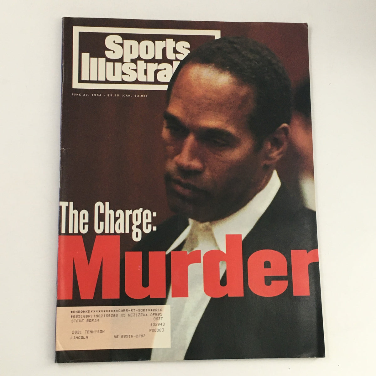 Cover of Sports Illustrated Magazine dated June 27, 1994, featuring the headline 'The Charge: Murder,' highlighting the O.J. Simpson case with a somber image of the former football star.