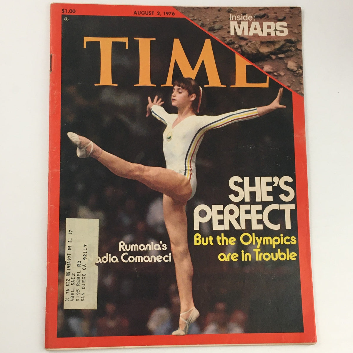 Cover of Time Magazine dated August 2, 1976, featuring Romanian gymnast Nadia Comaneci with the headline 'She's Perfect' and an article about the Olympics.