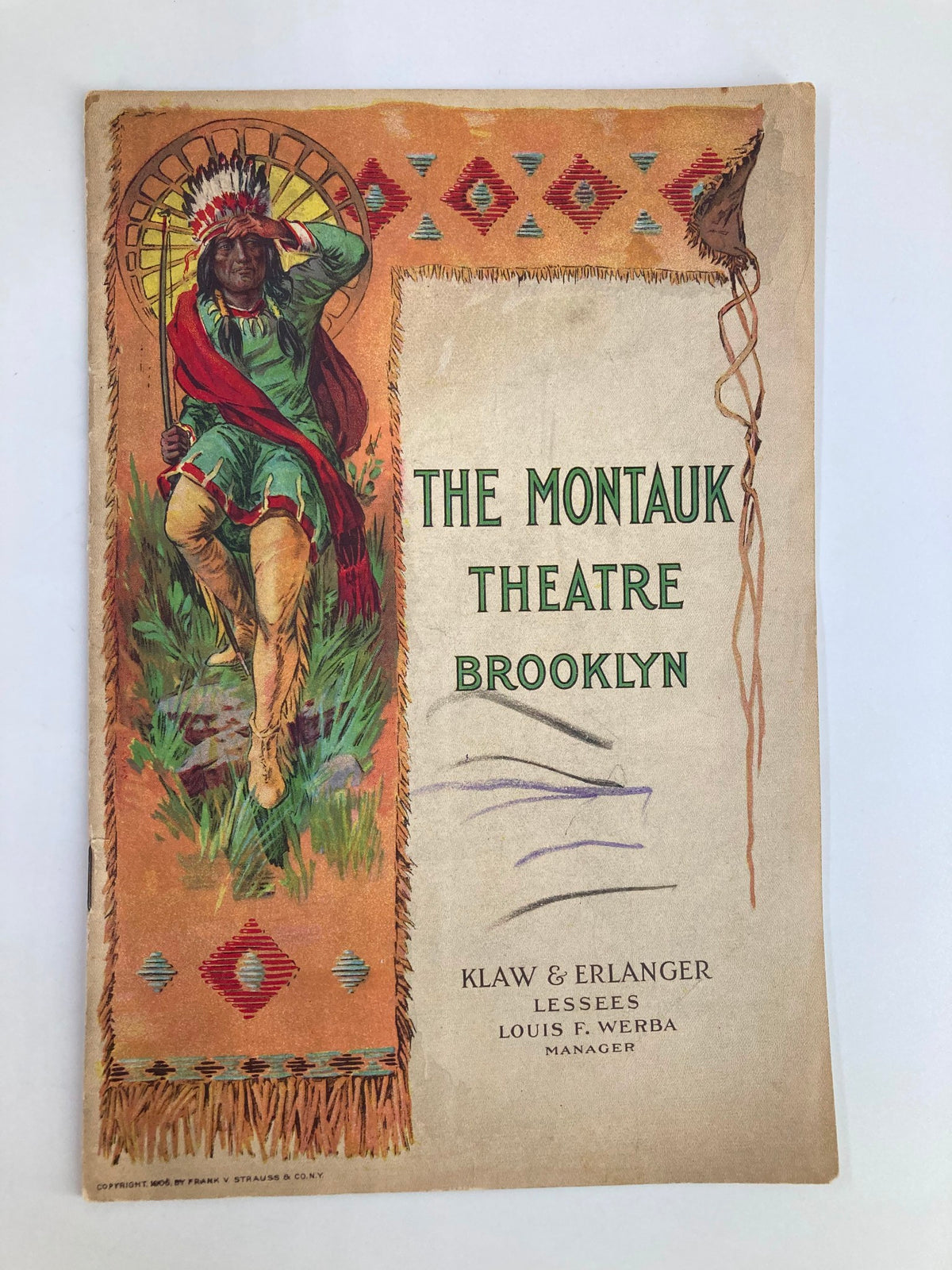 Cover of the 1918 The Boomerang Playbill featuring colorful artwork from The Montauk Theatre, Brooklyn, including a Native American figure.