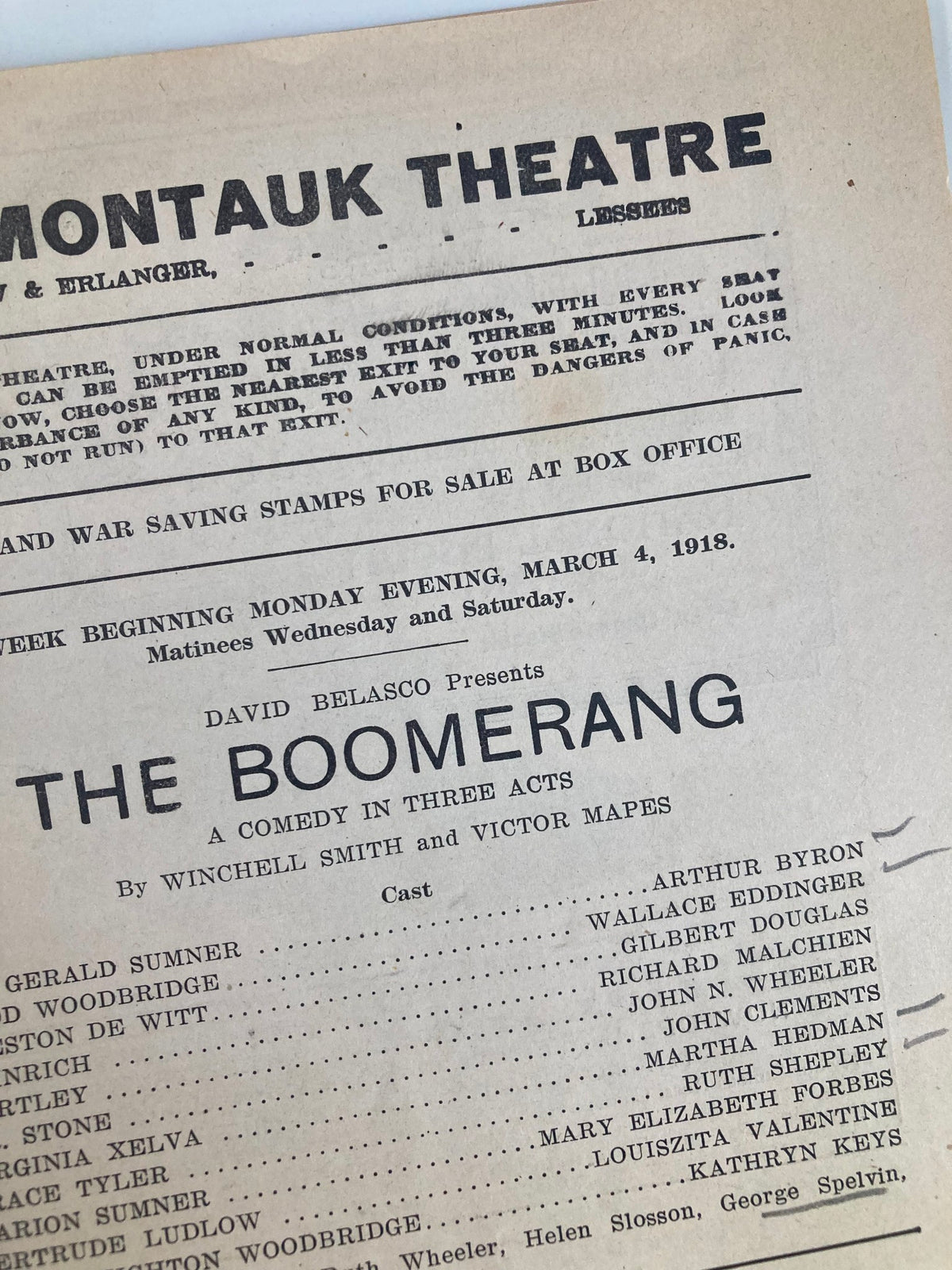 Detailed view of the cast list from the 1918 The Boomerang Playbill at The Montauk Theatre, Brooklyn, highlighting actors and crew with historical context.