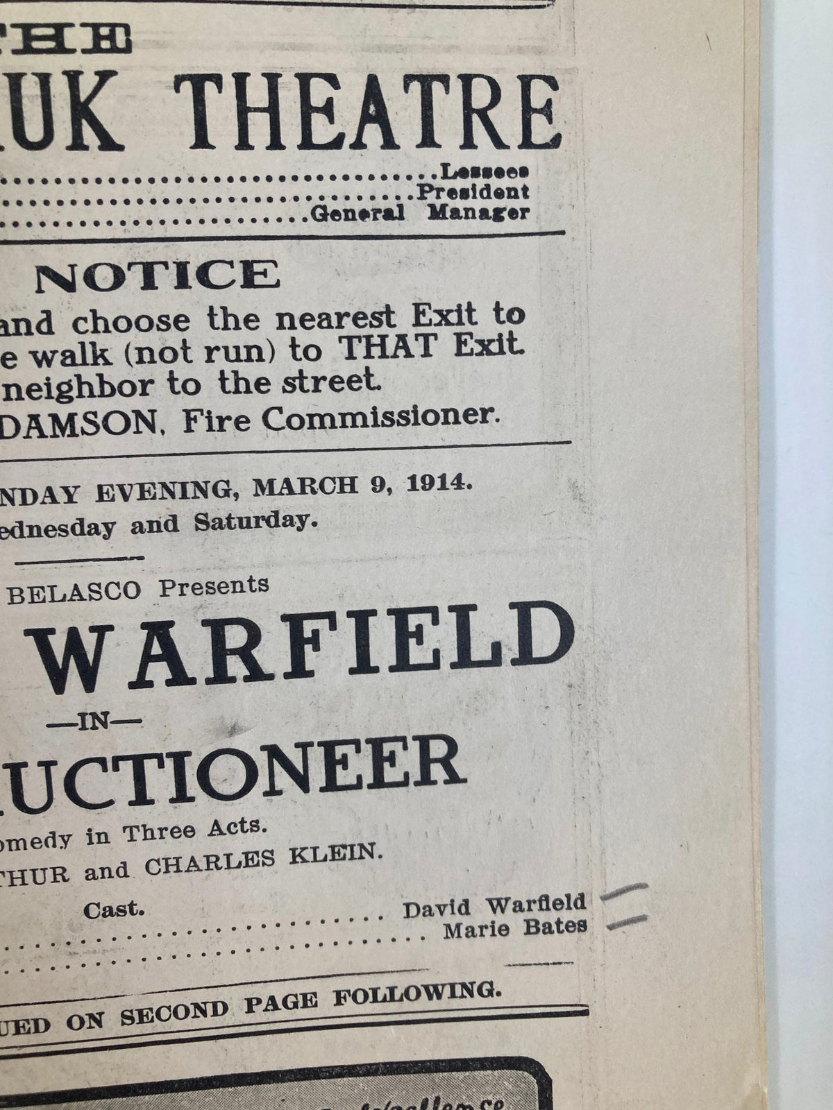 Close-up of the 1914 The Montauk Theatre David Warfield in The Auctioneer playbill - Details of the performance schedule and management information.