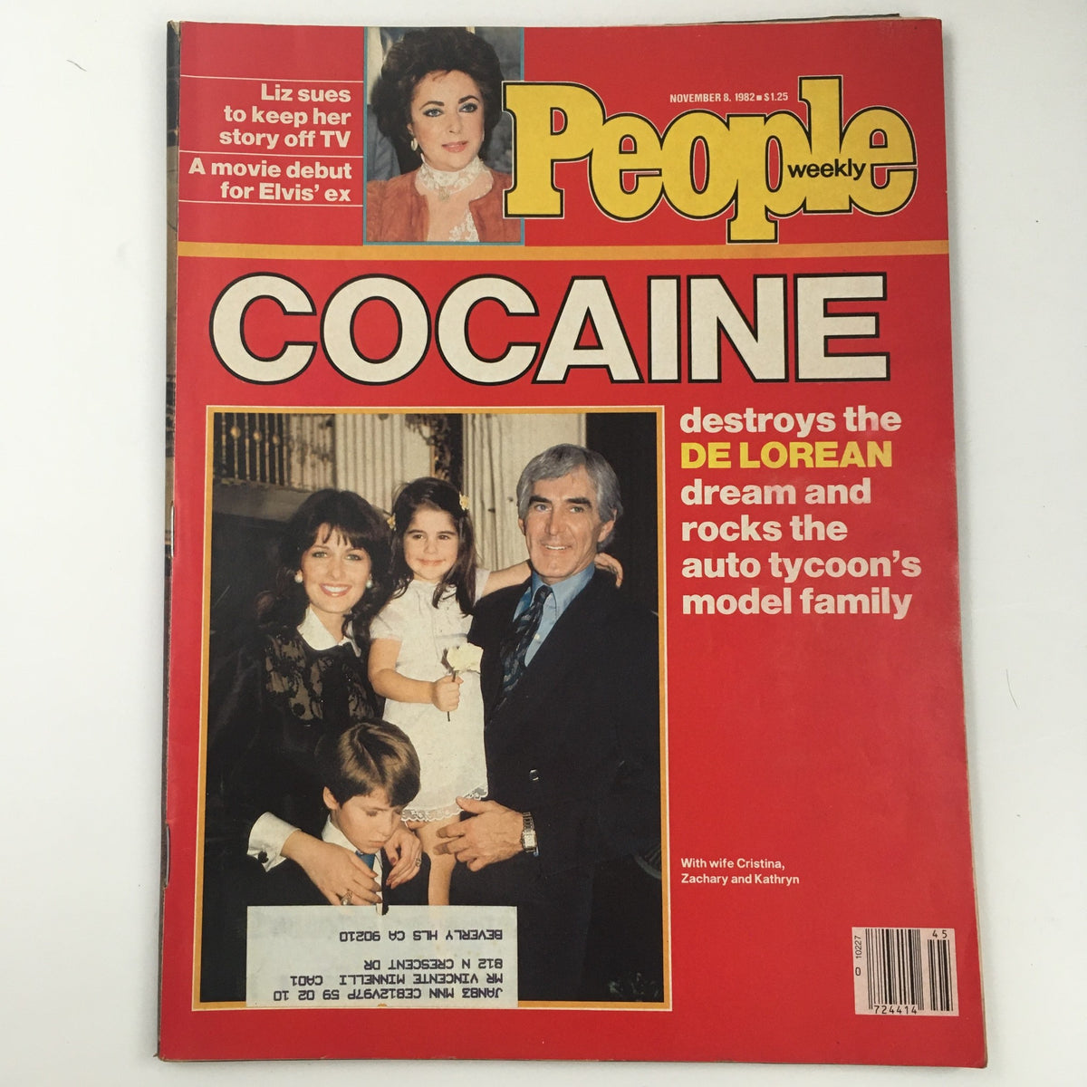 People Weekly Magazine cover from November 8, 1982 featuring Liz Taylor, John DeLorean, and family. The cover highlights the headline 'COCAINE' and discusses the impact on the DeLorean family. This vintage magazine captures a significant moment in early 1980s pop culture.