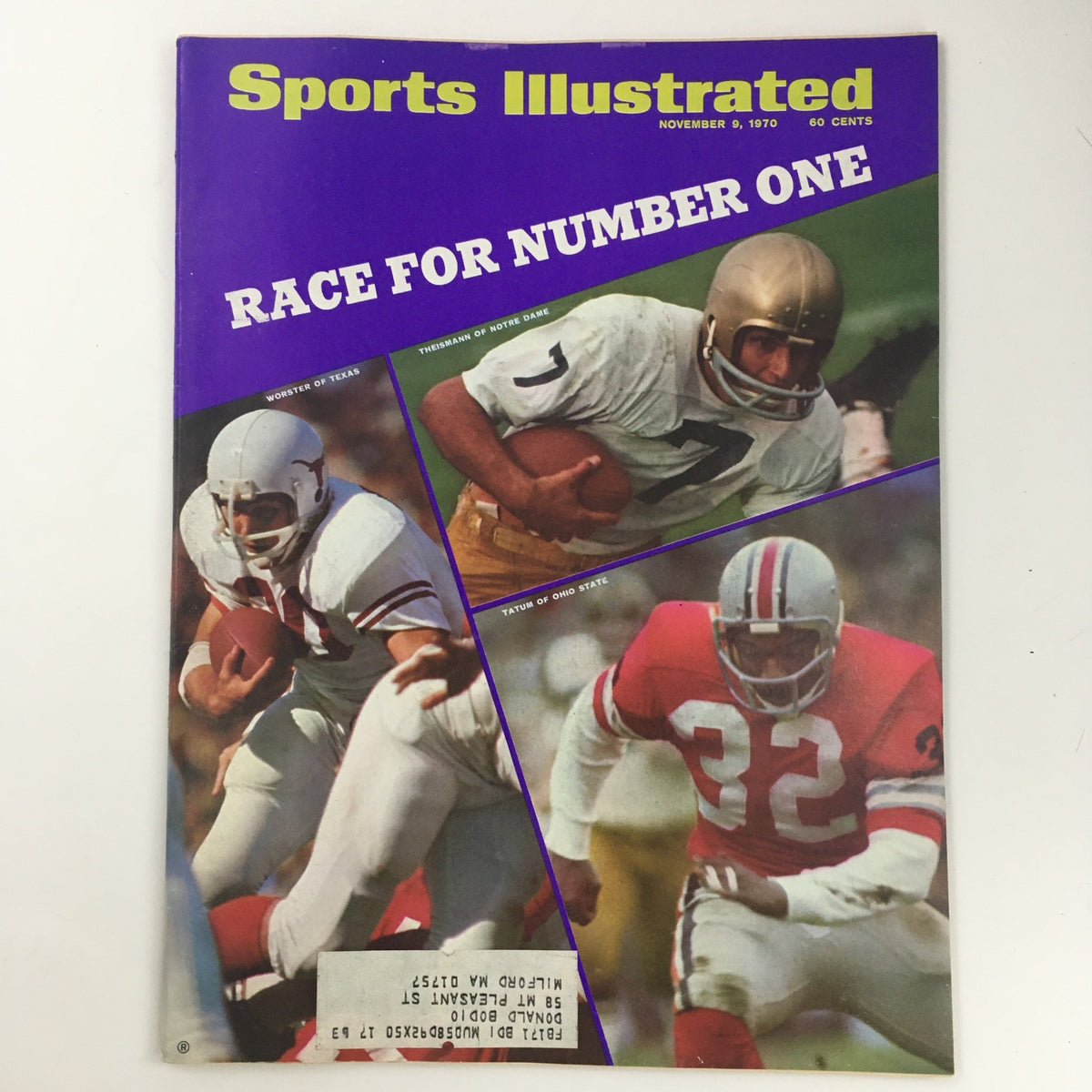 Sports Illustrated Magazine from November 9, 1970 featuring Worster, Theismann, and Tatum, showcasing the thrilling race for number one in college football.
