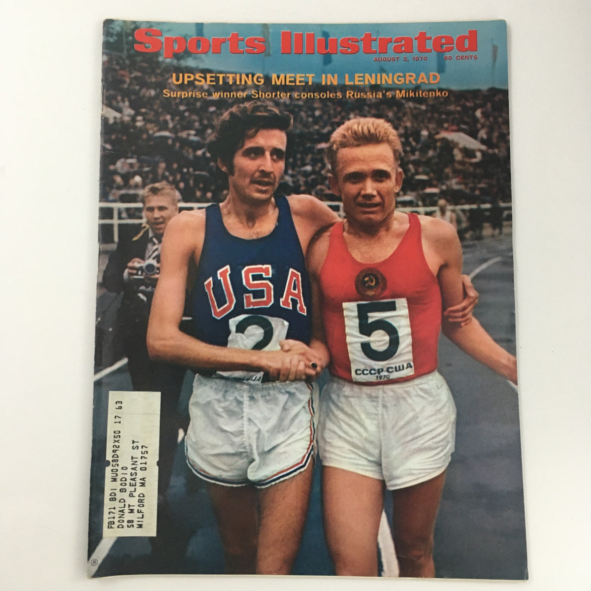 Sports Illustrated Magazine August 3 1970 cover featuring athletes Leonid Mikitenko and Frank Shorter at a racing event, highlighting the 'Upsetting Meet in Leningrad' article.