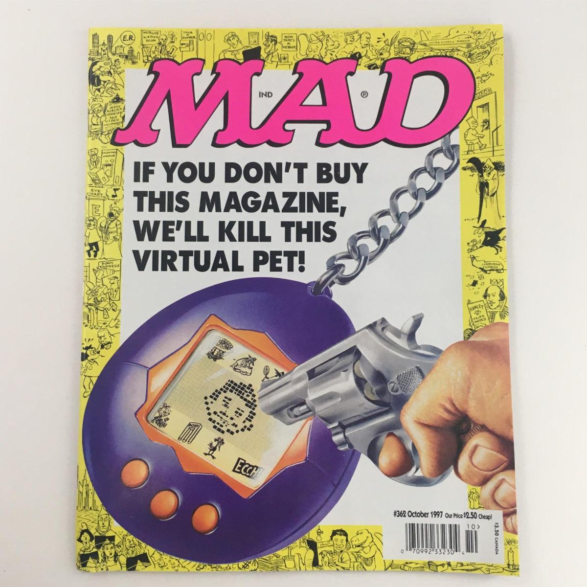Mad Magazine October 1997 No. 362 cover featuring a humorous illustration of a virtual pet with a gun, captioned 'If You Don't Buy This Magazine, We'll Kill This Virtual Pet'. This issue is graded Very Fine VF 8.0.