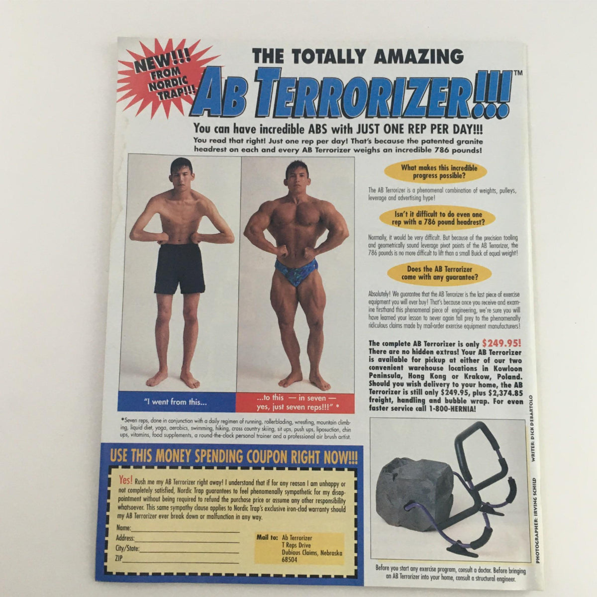 Back cover of Mad Magazine October 1997 No. 362, showcasing an advertisement for the Ab Terrorizer fitness equipment, includes before-and-after images of body transformation and promotional details.