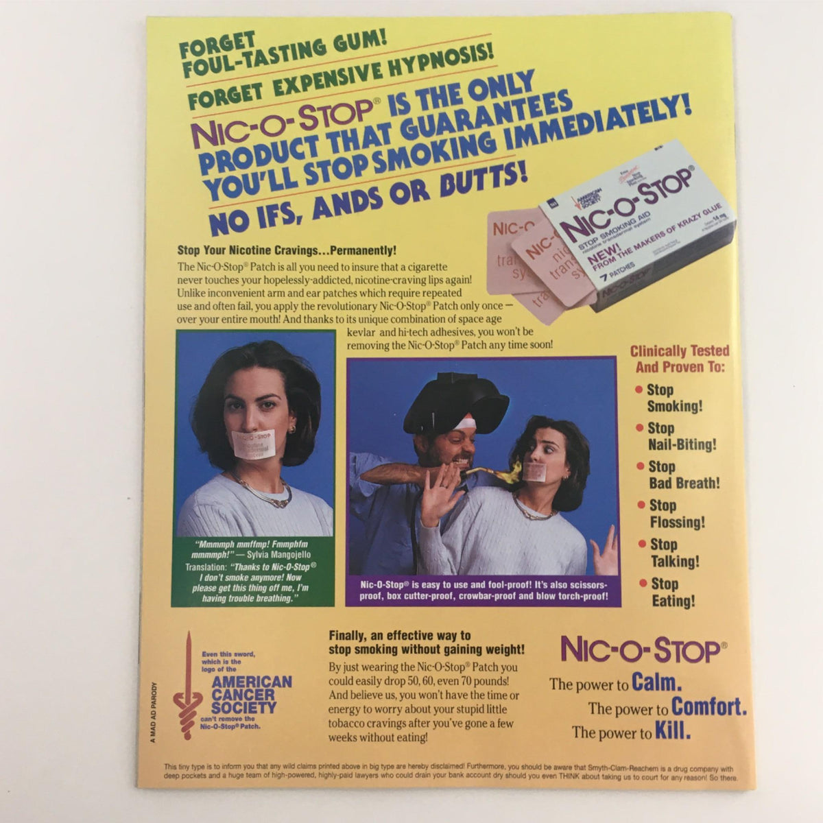Back cover of Mad Magazine January 1998 No. 365, promoting Nic-O-Stop, a product for quitting smoking, featuring humorous illustrations.