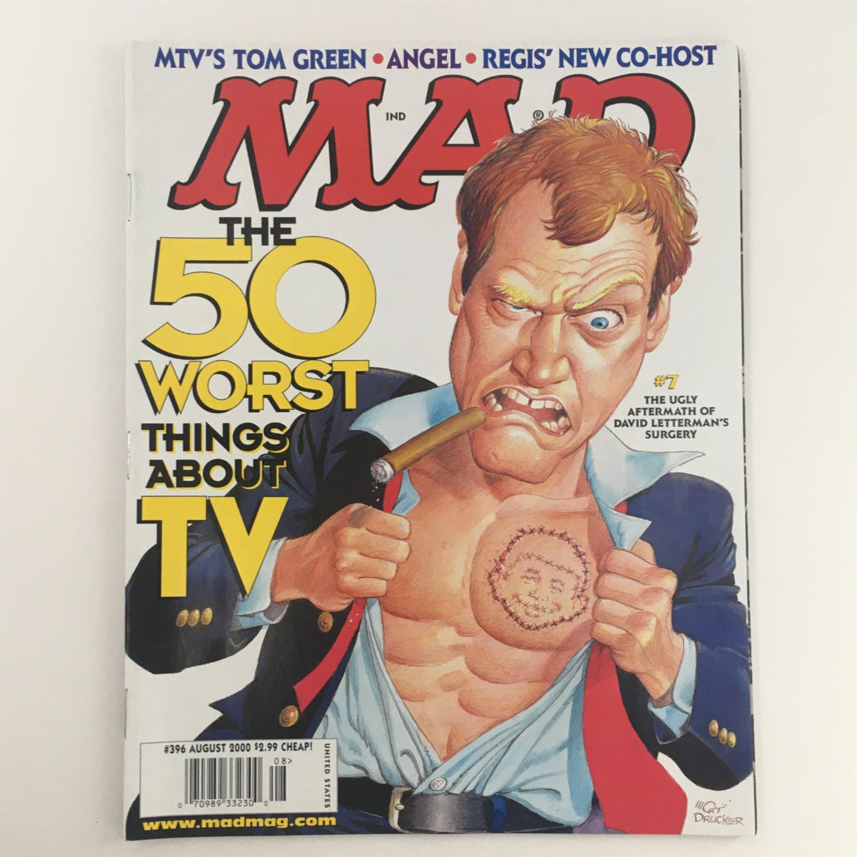 Cover of Mad Magazine August 2000 No. 396 featuring the title 'The 50 Worst Things About TV' with a humorous illustration of a man tearing open his shirt and showing a comical expression.