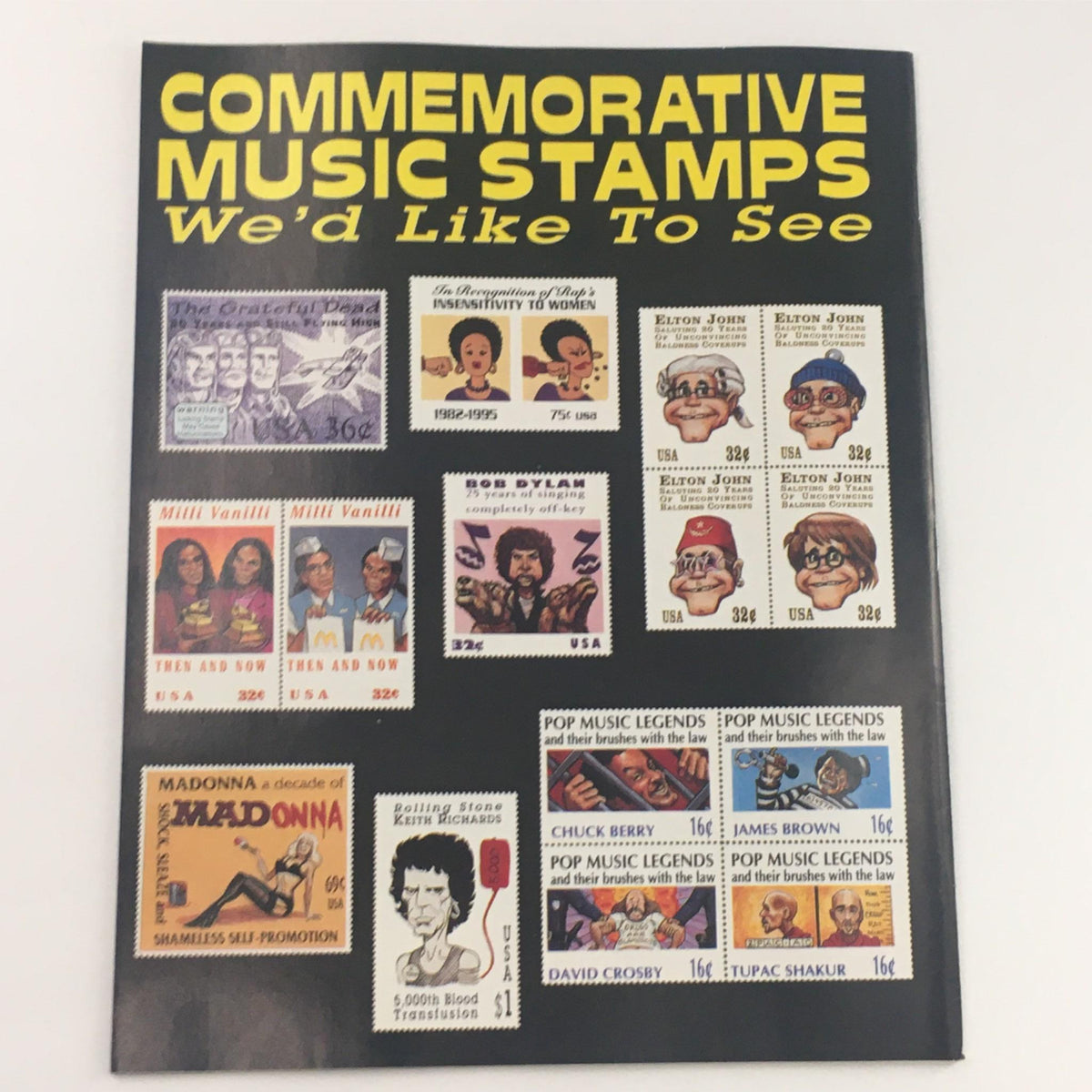 Interior content page of Mad Magazine March/April 1995 showcasing commemorative music stamps we’d like to see, adding depth to the humor and cultural commentary characteristic of the magazine.