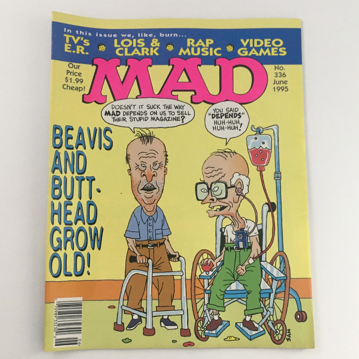 Mad Magazine June 1995 No. 336 cover featuring Beavis and Butt-Head humorously growing old, showcasing iconic characters and vibrant artwork, perfect for collectors of vintage satire.