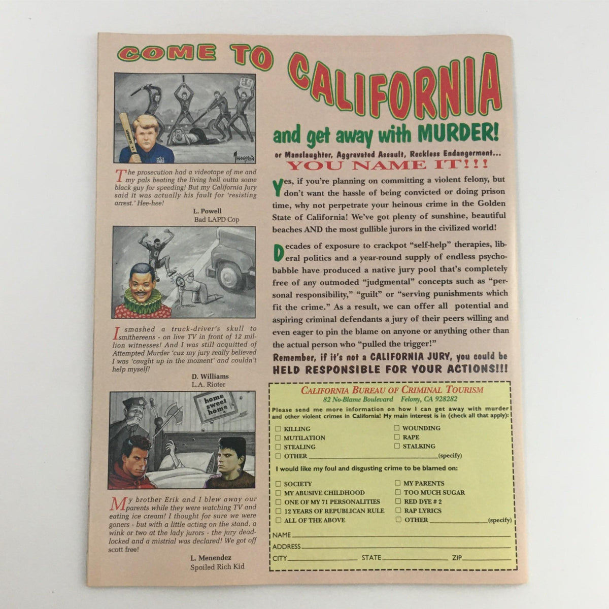 Back cover of Mad Magazine September 1994 No. 330, featuring a satirical advertisement titled 'Come to California and get away with MURDER!', accompanied by humorous illustrations and text.