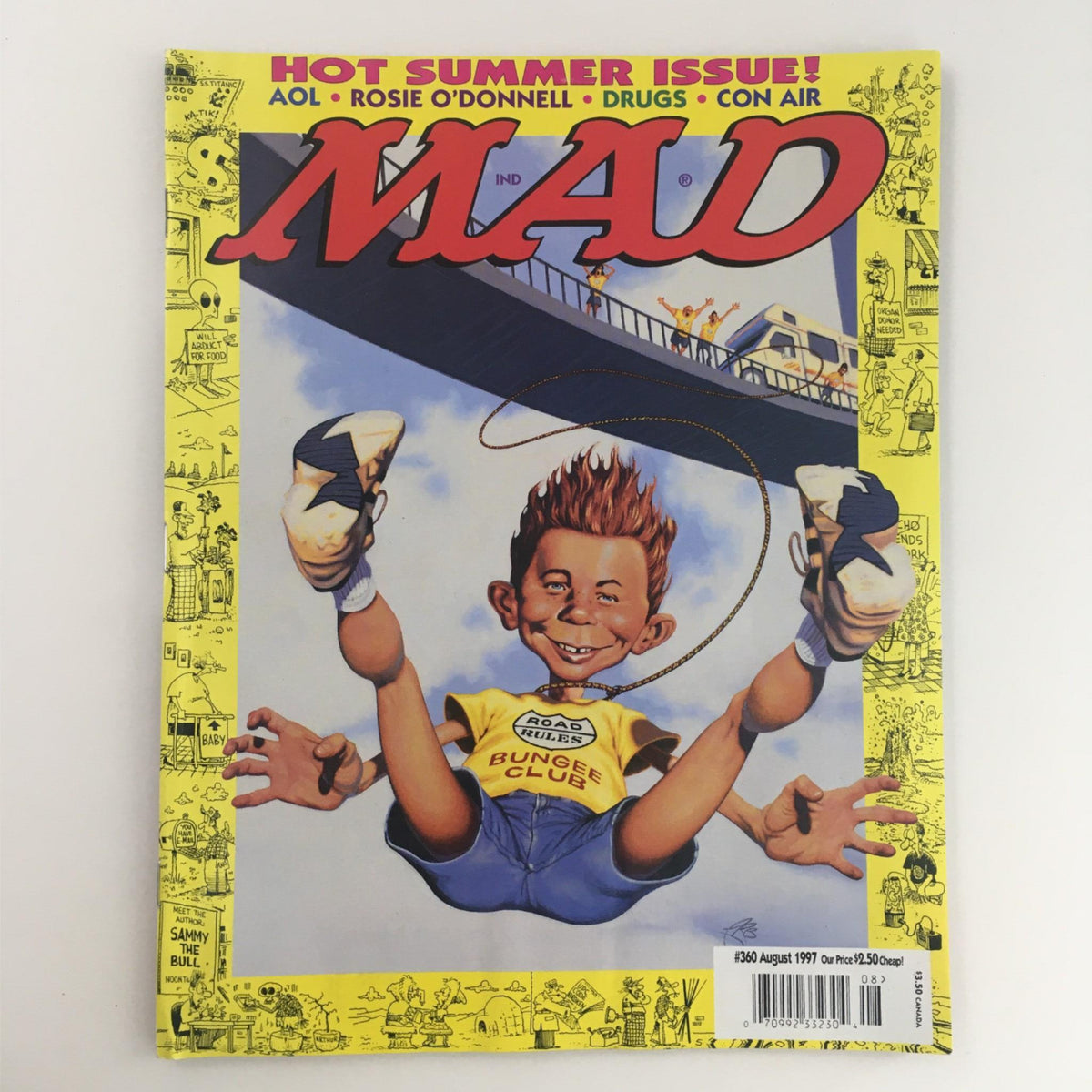 Mad Magazine August 1997 No. 360 Hot Summer Issue cover featuring a humorous illustration of a boy bungee jumping, representing the playful satire and quirky humor of the late '90s.