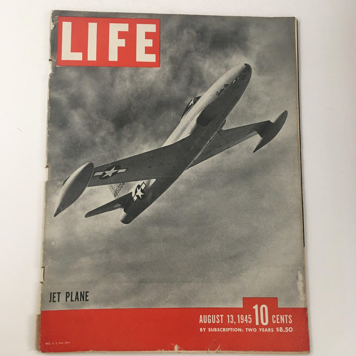 Cover image of Life Magazine August 13 1945 featuring the P-80 Shooting Star Fighter Plane against a cloudy sky, highlighting the advancements in post-World War II aviation.