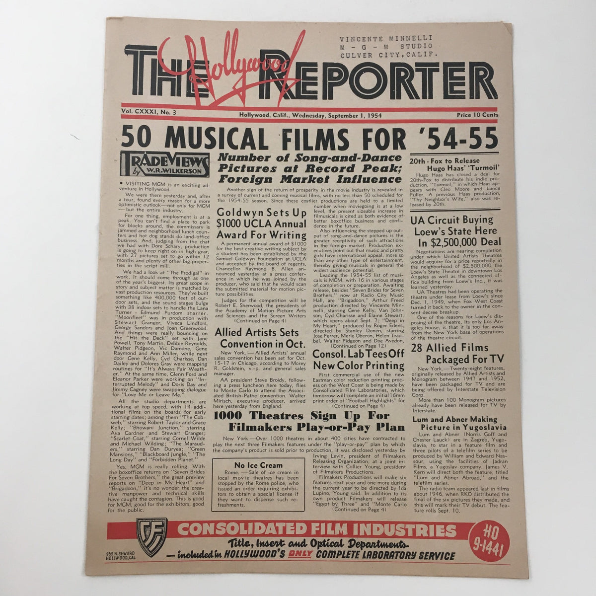 The Hollywood Reporter September 1 1954 issue featuring headlines about 50 musical films for the 54-55 season. The cover captures the vibrant essence of 1950s Hollywood and song-and-dance cinema.