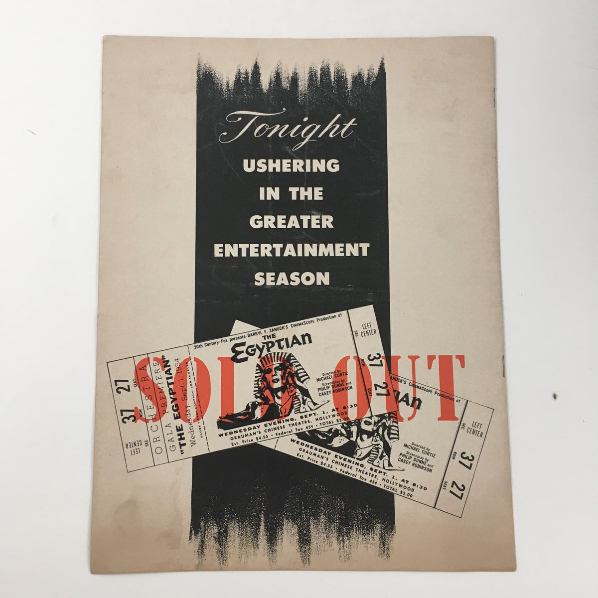 The Hollywood Reporter September 1 1954 magazine back cover showcasing a promotional graphic for the Egyptian movie, highlighting the greater entertainment season with sold-out tickets.