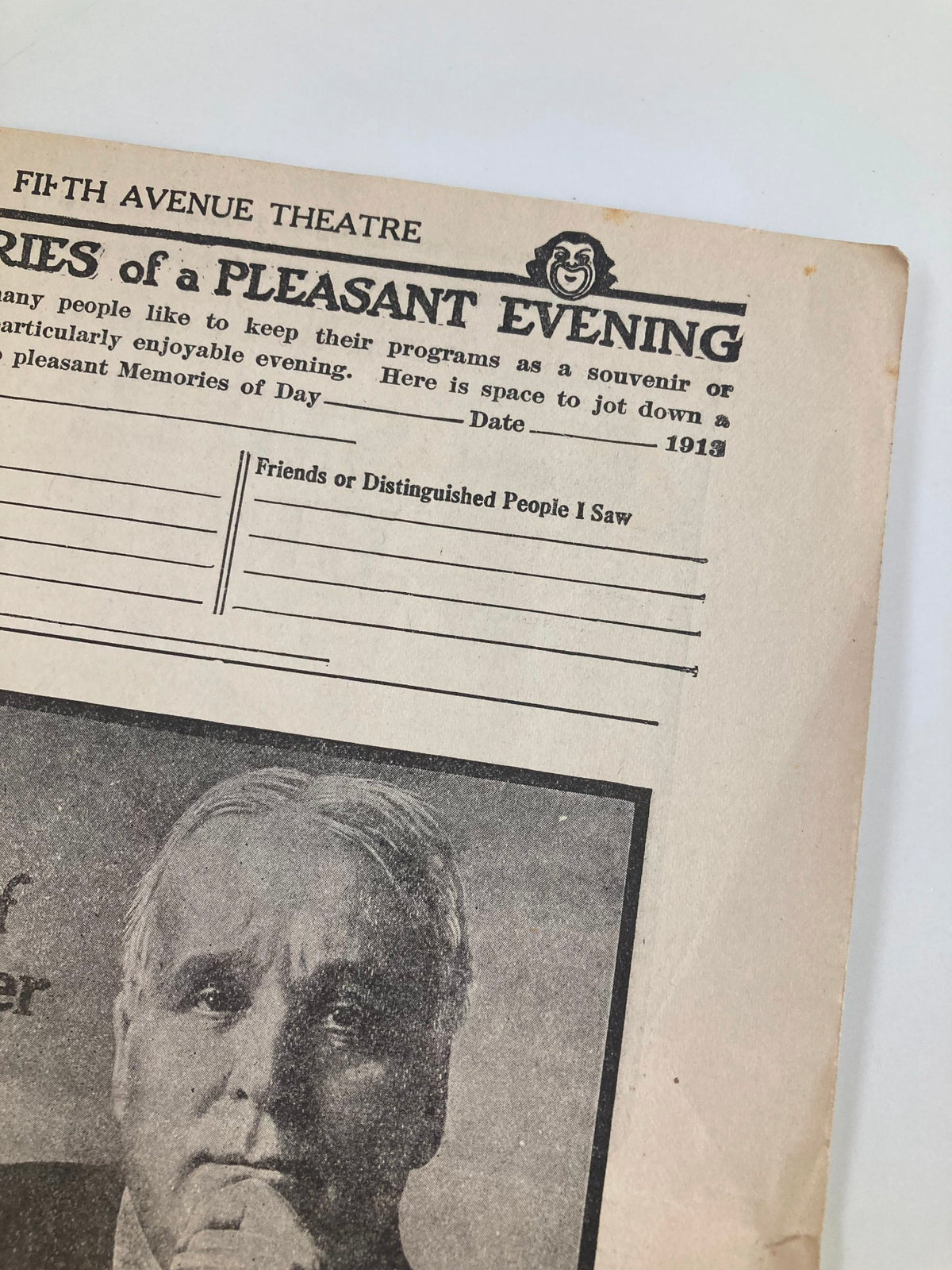 Top section of a vintage magazine page titled 'Memories of a Pleasant Evening' featuring a dated section in 1913, linked to the 1913 Proctor's Fifth Avenue Theatre Hunter's Twin Statue Dogs.