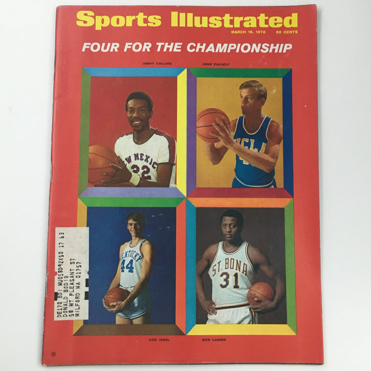 Cover of Sports Illustrated Magazine from March 16, 1970 featuring key basketball players Jimmy Collins, John Vallely, Dan Issel, and Bob Lanier. Highlights the championship theme and showcases vintage sports design.