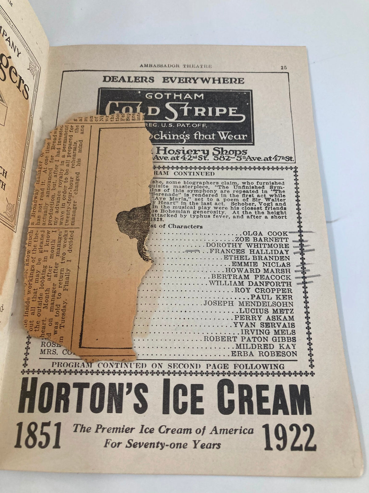 1922 Ambassador Theatre The Messrs. Shubert Blossom Time Musical Play advertisement page featuring Horton’s Ice Cream, showcasing memorabilia from the early 20th century.