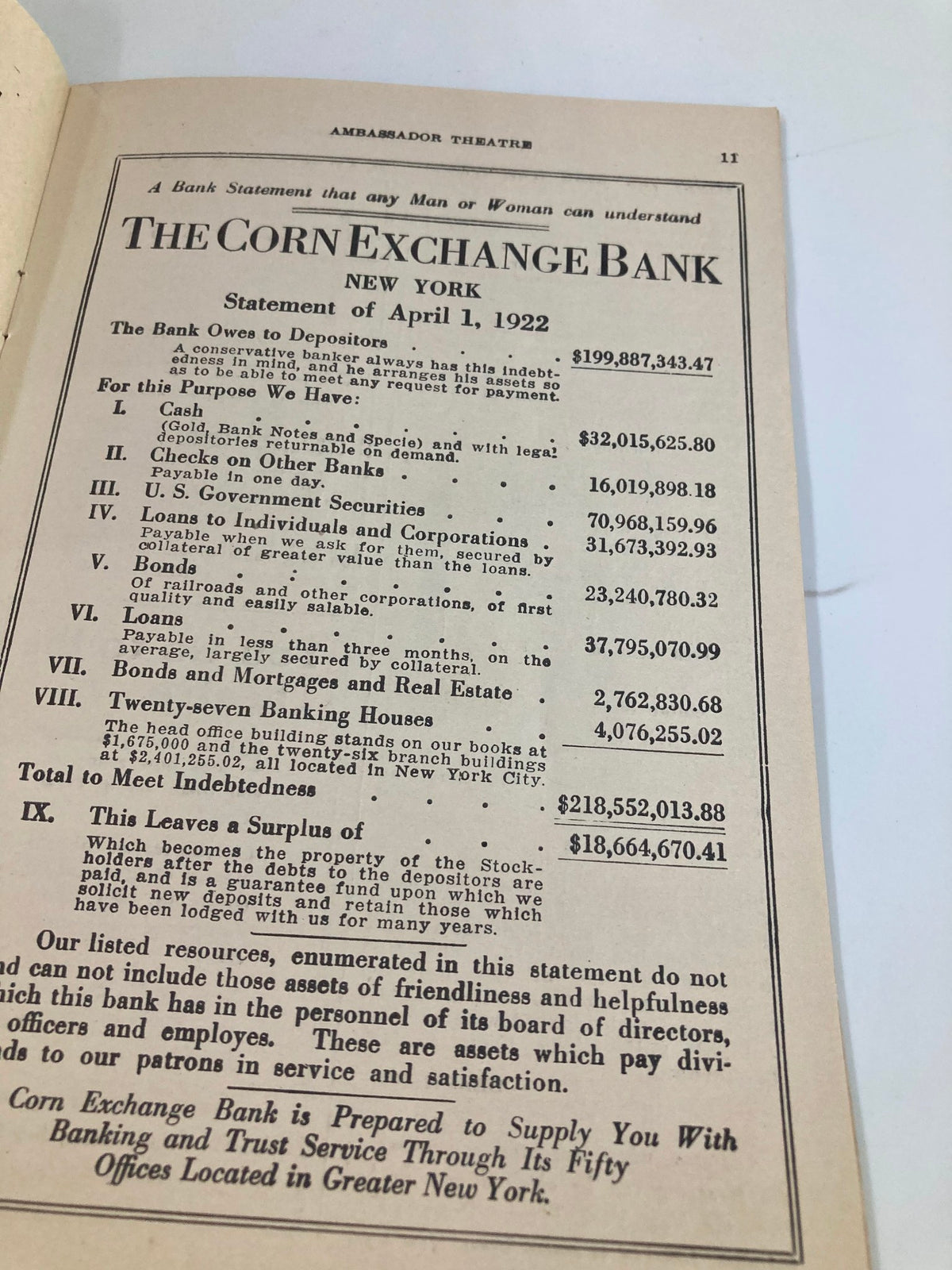 1922 Ambassador Theatre The Messrs. Shubert Blossom Time Musical Play program page detailing the banking statement from The Corn Exchange Bank, reflecting historical financial elements.