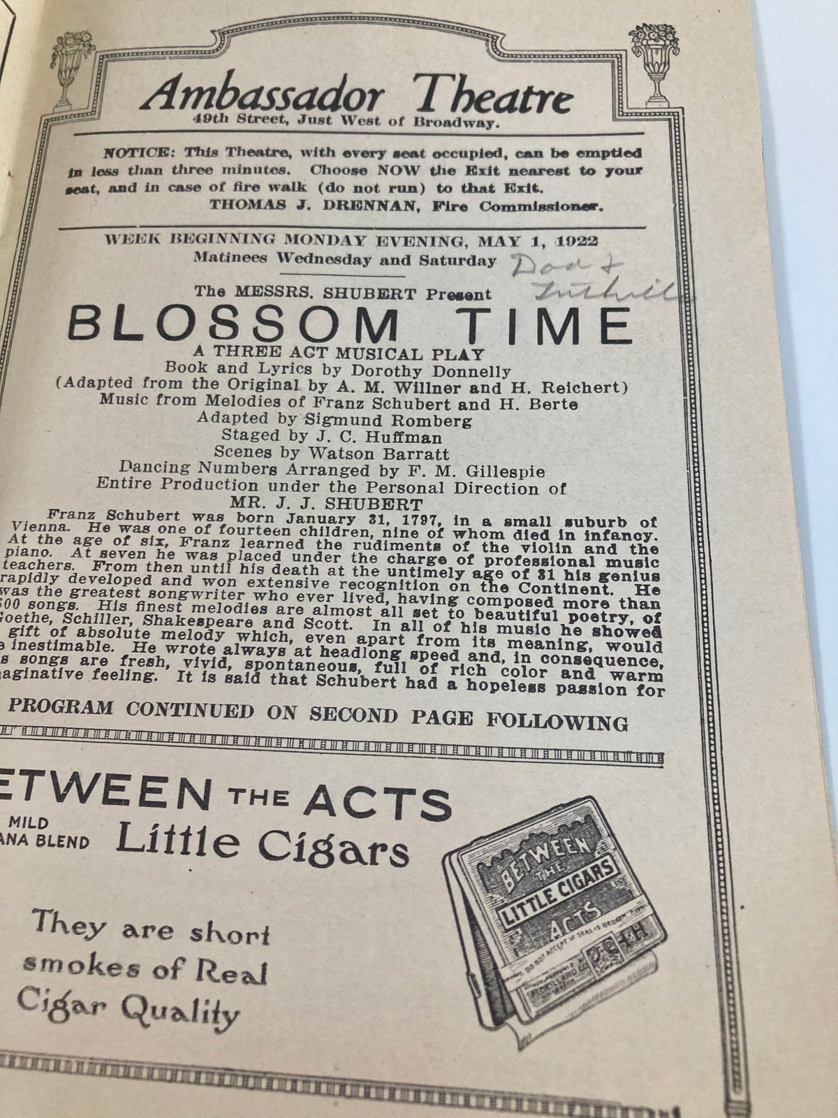 1922 Ambassador Theatre The Messrs. Shubert Blossom Time Musical Play program page listing cast and characters for the musical, capturing the theatrical essence of the early 20th century.