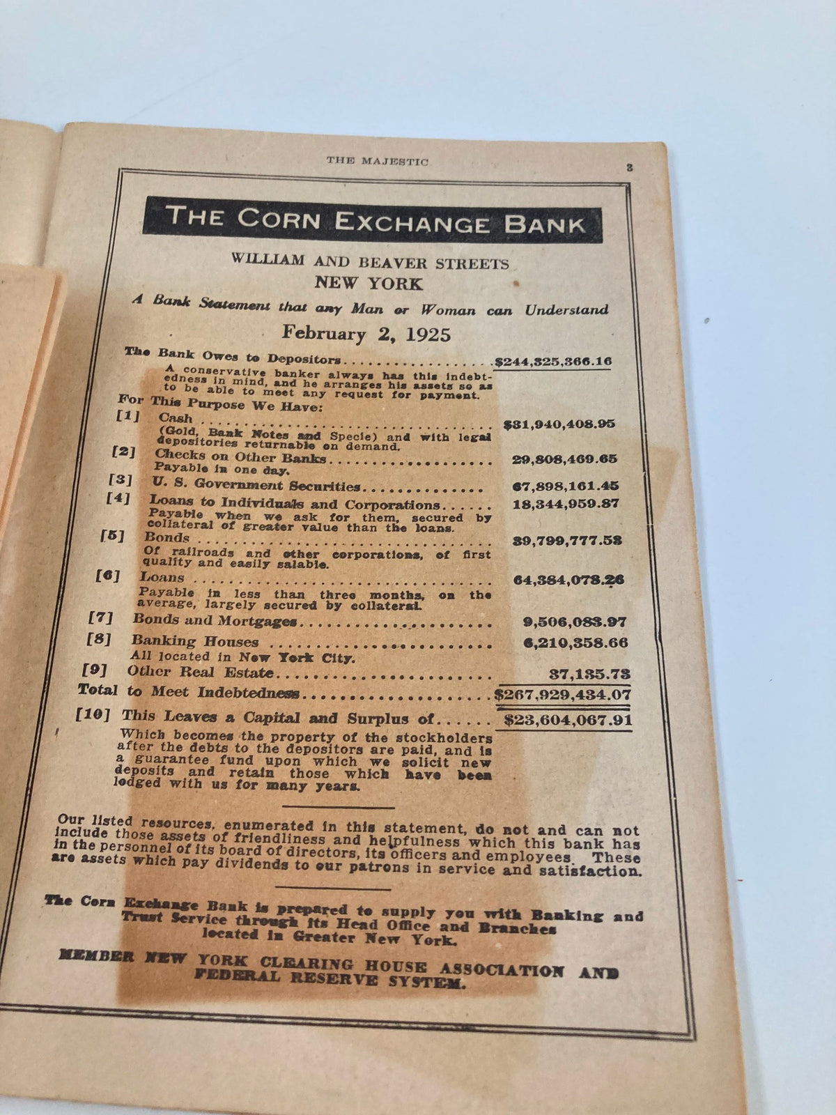 Interior page of the 1925 Majestic Theatre Playbill featuring Jane Cowl in Romeo and Juliet, displaying the financial statement of the Corn Exchange Bank.